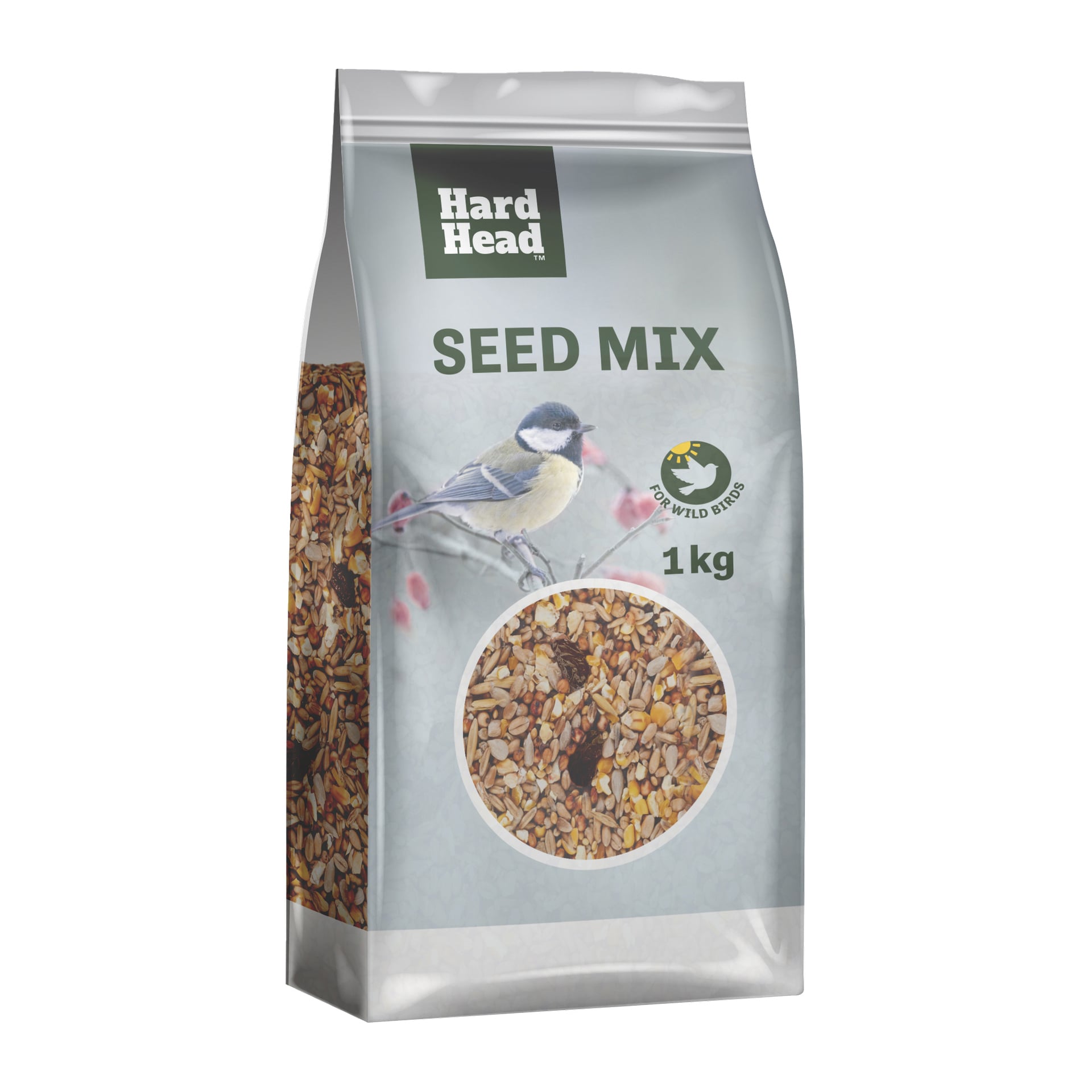 En 1 kg Hard Head Seed Mix-påse för vilda fåglar, med en bild av en fågel och en detaljerad vy av fröblandningen på förpackningen.