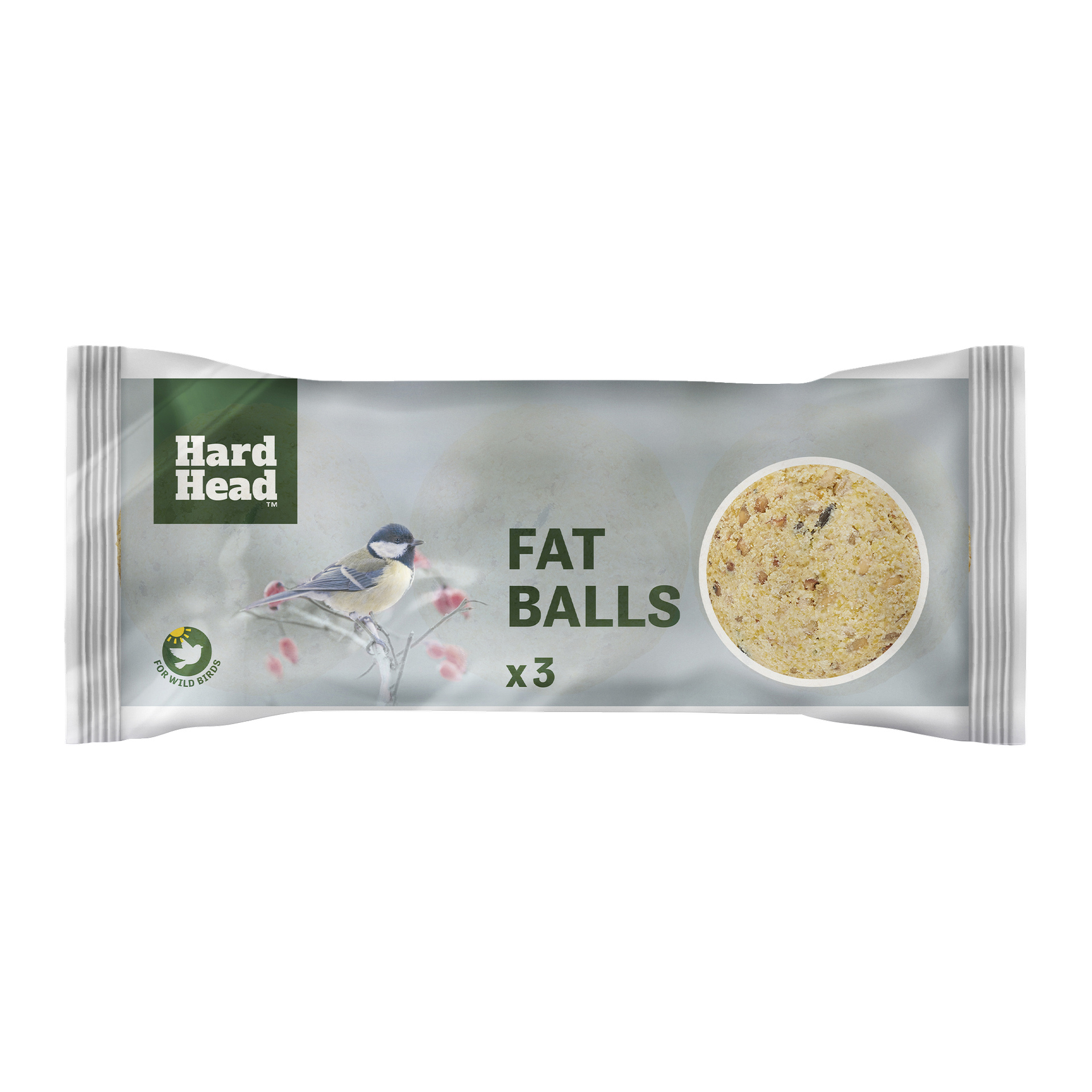 Hard Head Suet Balls 3 Pack-paket visar en fågel på en gren, en skål med talgbollar, loggan "100% vildfågelsäker" och en naturinspirerad grå bakgrund.
