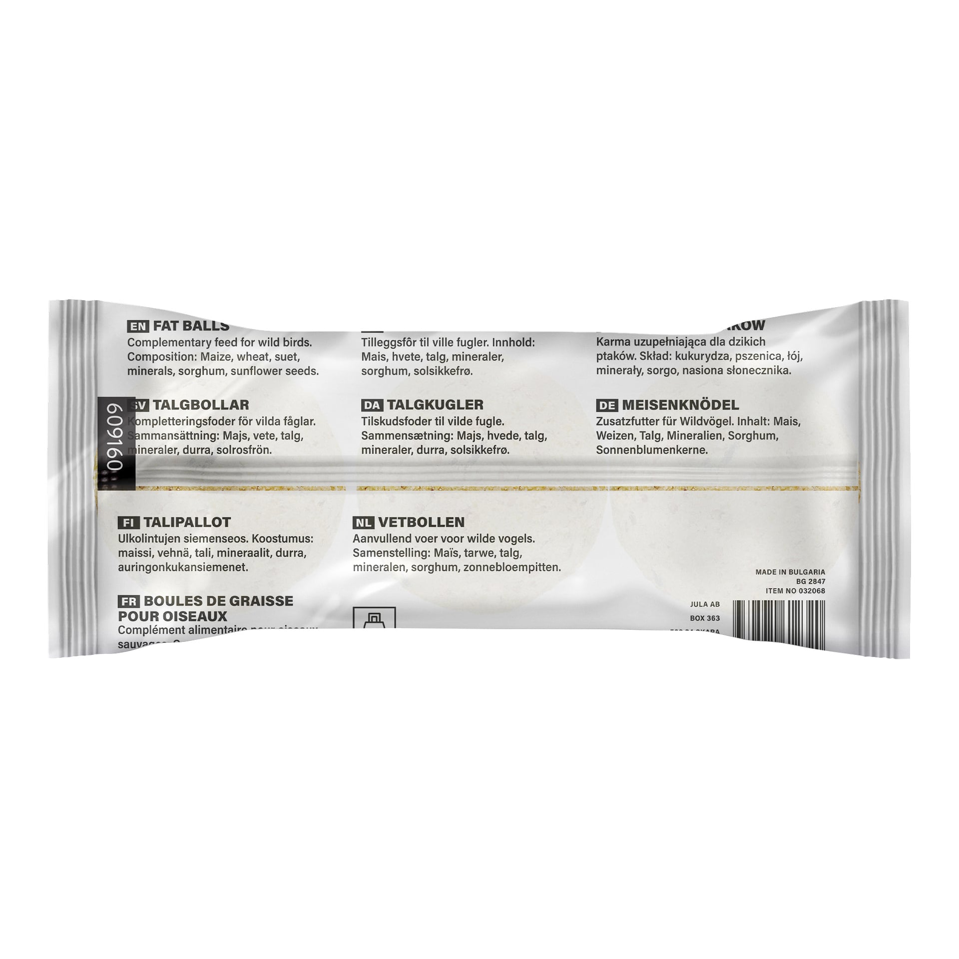 Baksidan av Hard Head Suet Balls 3-pack med ingredienser och produktinformation. Ingredienser: majs, vete, talg, mineraler, sorghum, solrosolja.
