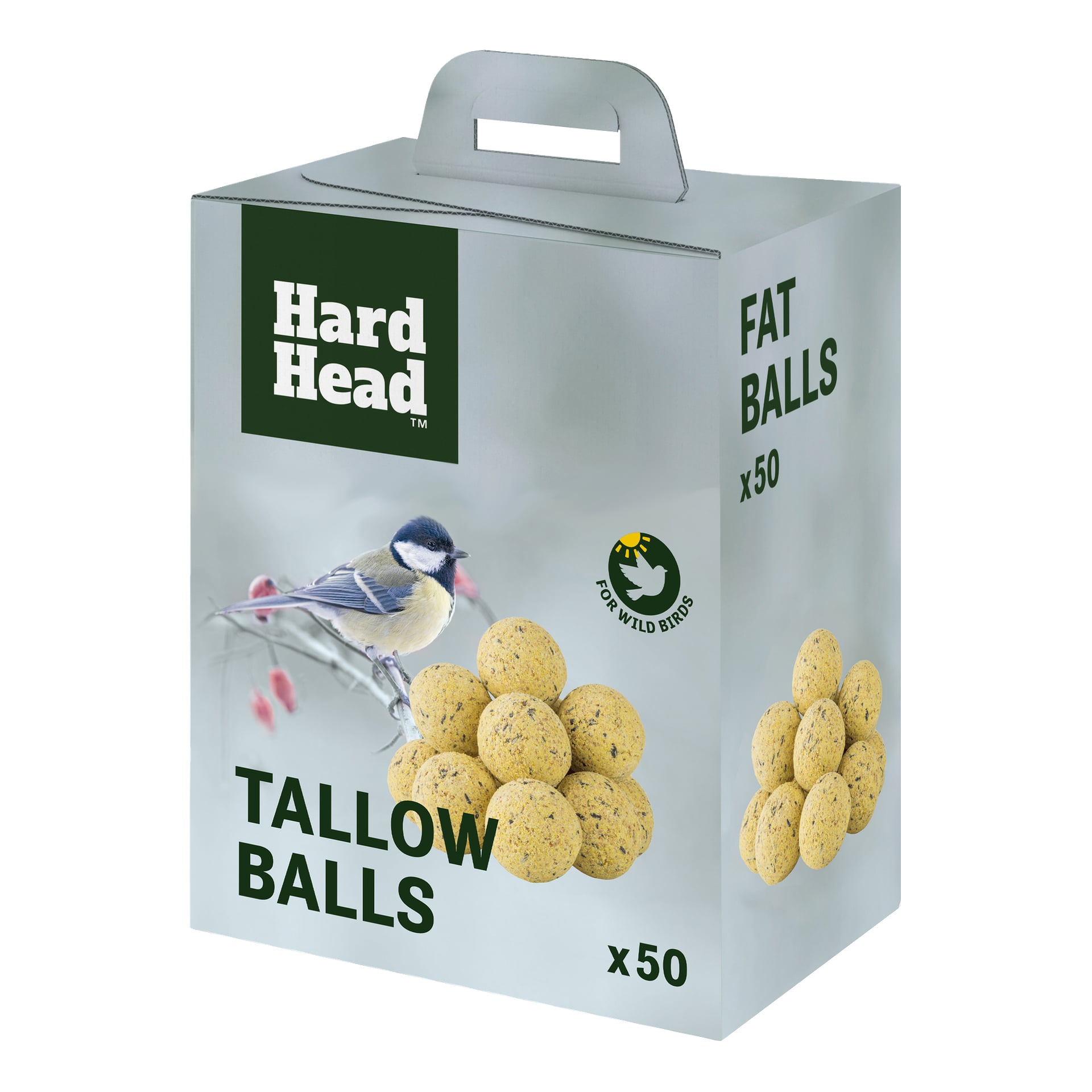En låda med hårda talgbollar visar en fågelbild och flera gula talgbollar. Paketet anger 50 feta bollar för vilda fåglar.