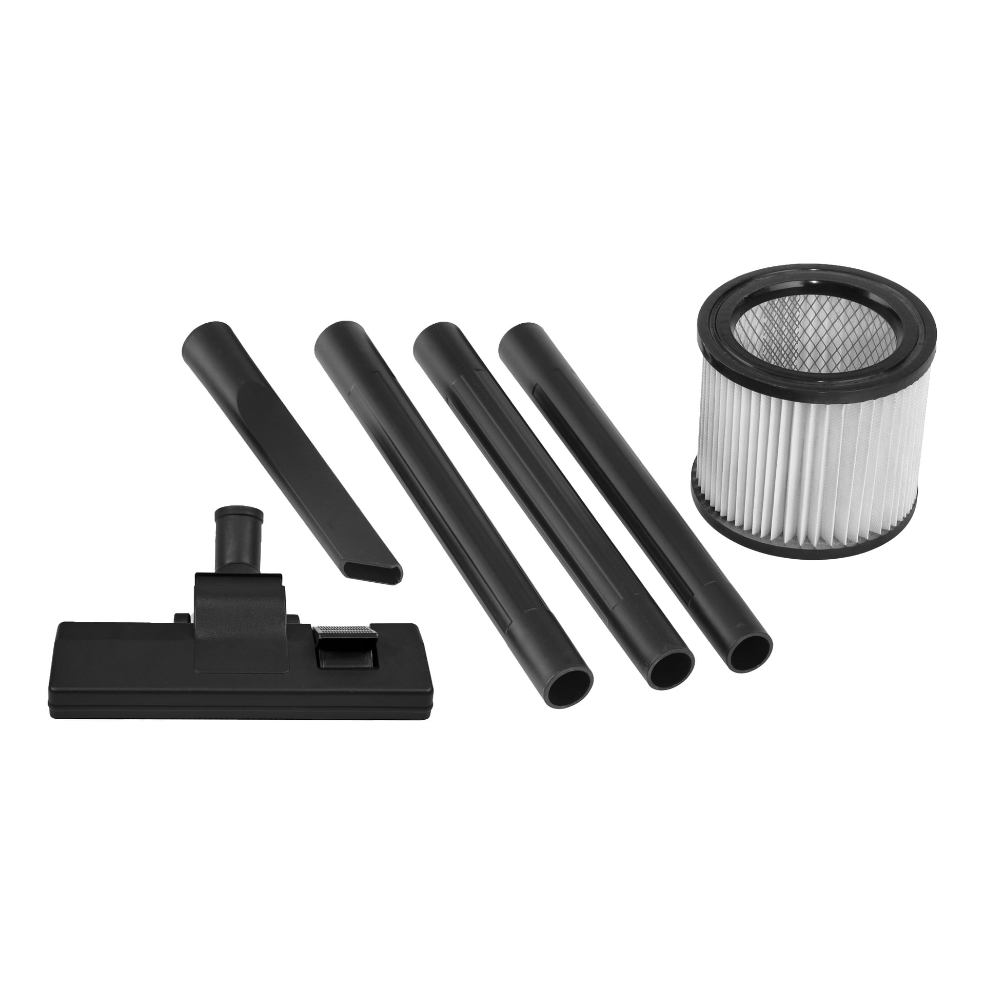En uppsättning dammsugartillbehör, inklusive en golvborste, tre förlängningsrör, ett spaltverktyg och ett cylindriskt veckat filter, allt placerat på en vit bakgrund.