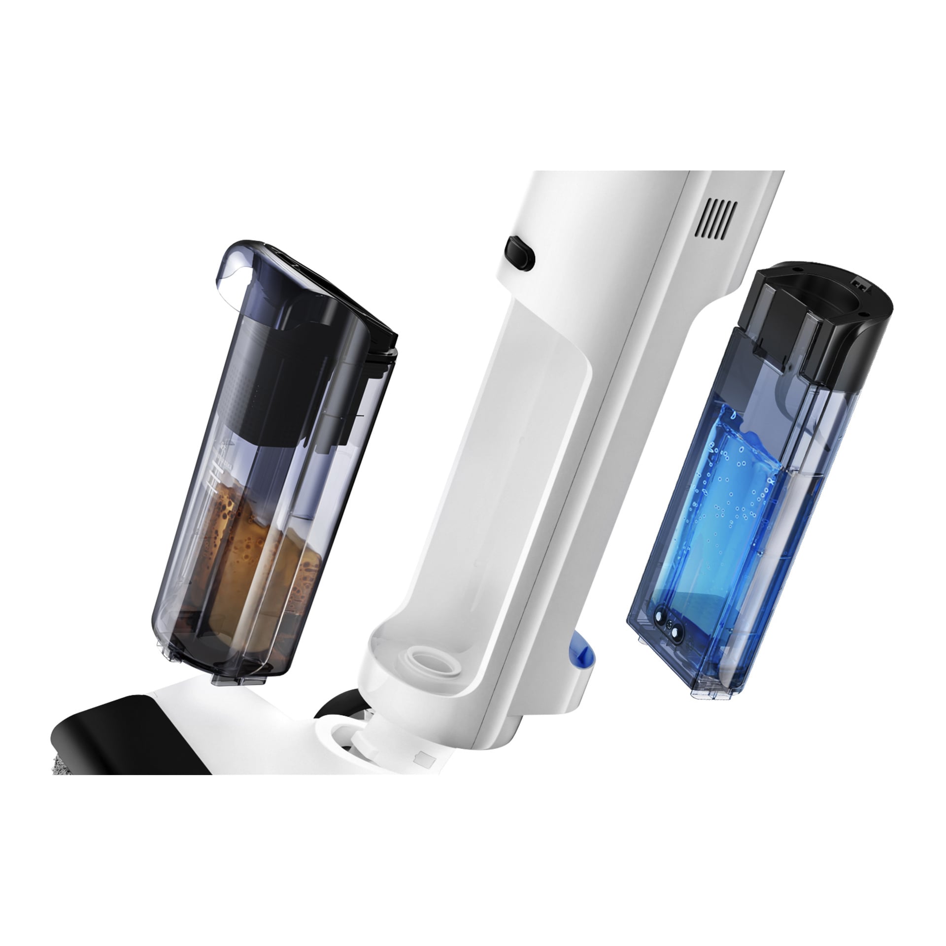 Xiaomi Truclean W20 3-in-1 Standstaubsauger aus nächster Nähe gezeigt, wobei zwei herausnehmbare, klare Tanks hervorgehoben werden – eines mit schmutzigem Wasser, eines mit sauberem.