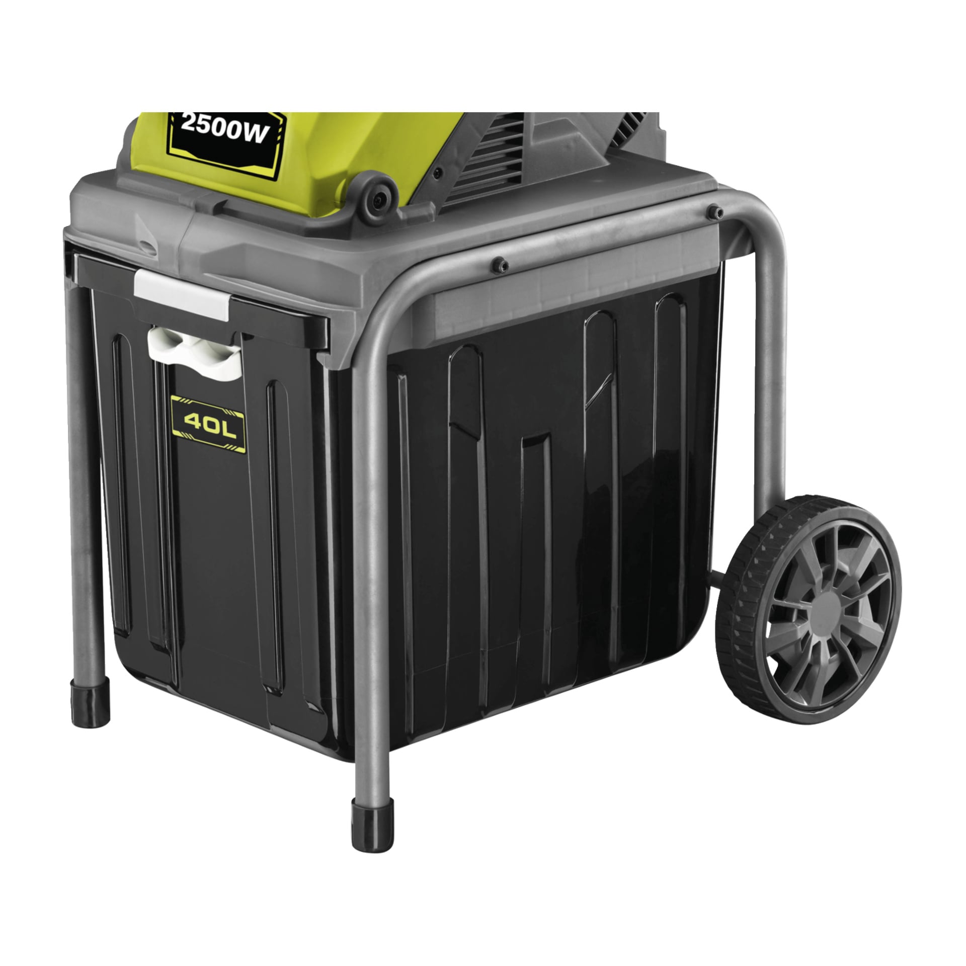 Ryobi Compost Shredder RSH2545B i svart og grønt med en 40L beholder, sterke metallben og to store hjul for enkel transport.