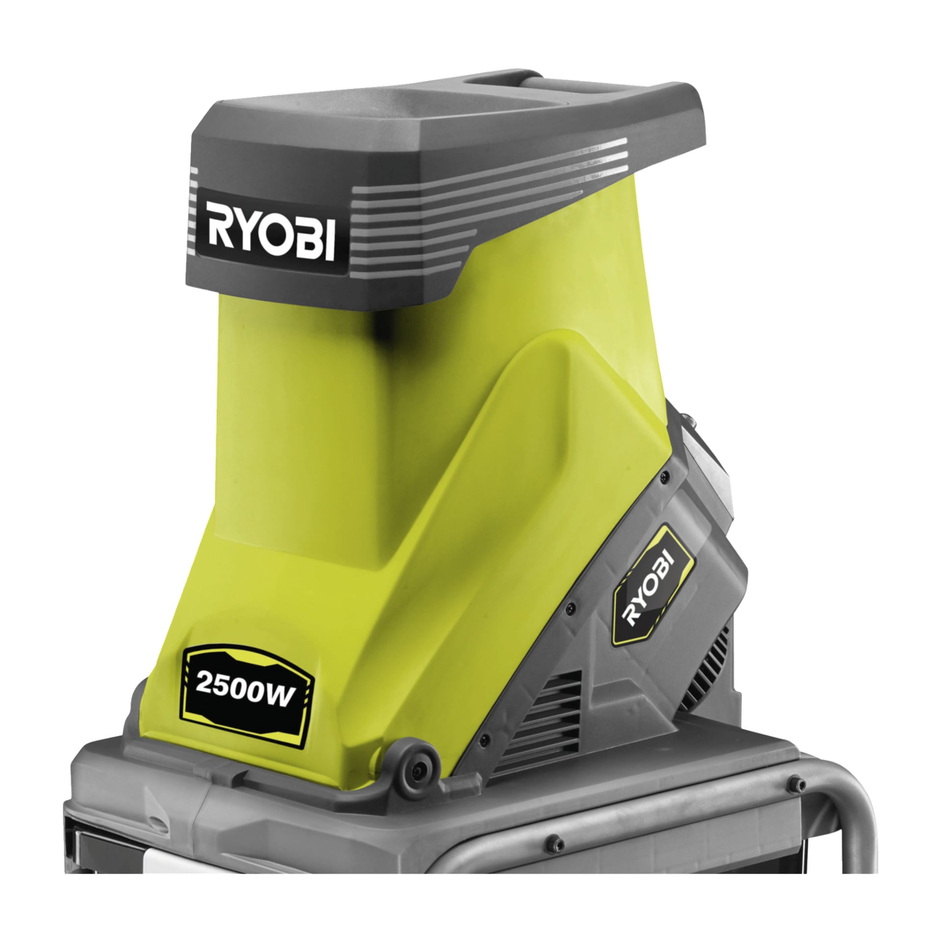 Nærbilde av Ryobi Compost-makulatoren RSH2545B med grønt og grått design, Ryobi-logo og en frontetikett som viser 2500W.