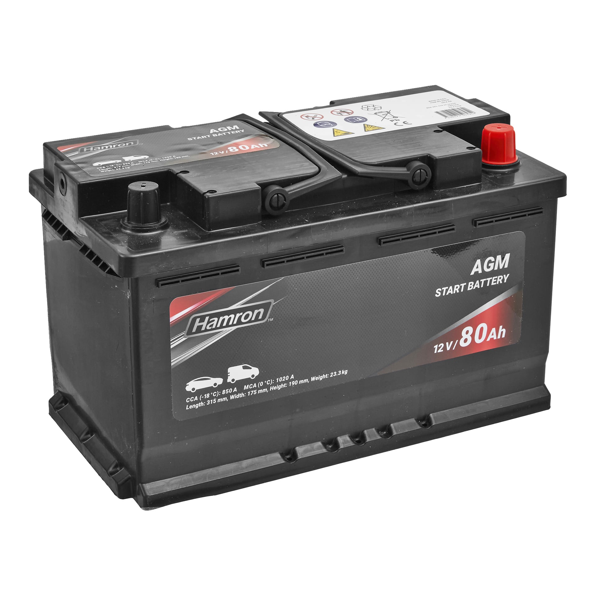 Ett svart Hamron AGM-bilbatteri med röda och svarta terminaler, märkt 12V 80Ah, visar säkerhetsikoner och specifikationer på toppen och sidan.