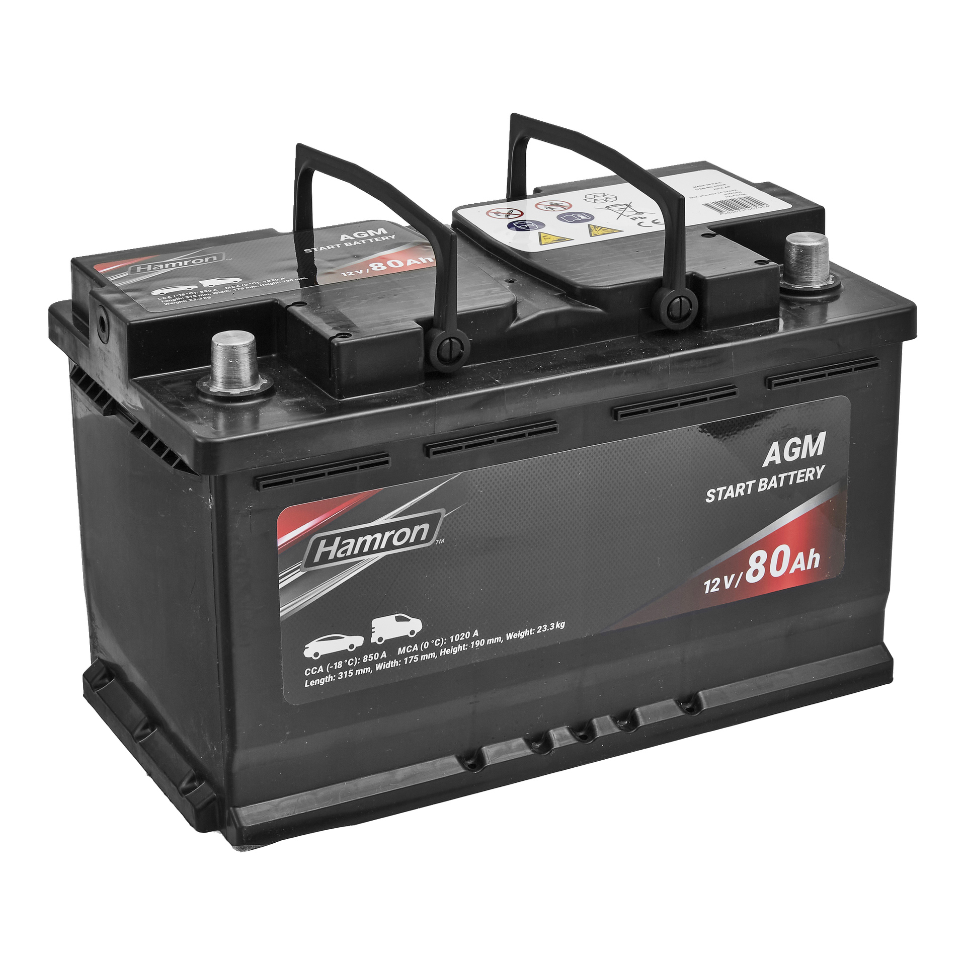 Ett svart Hamron AGM-bilbatteri med två handtag, märkt 12V 80Ah, metallterminaler och röda och vita bilikoner och text.
