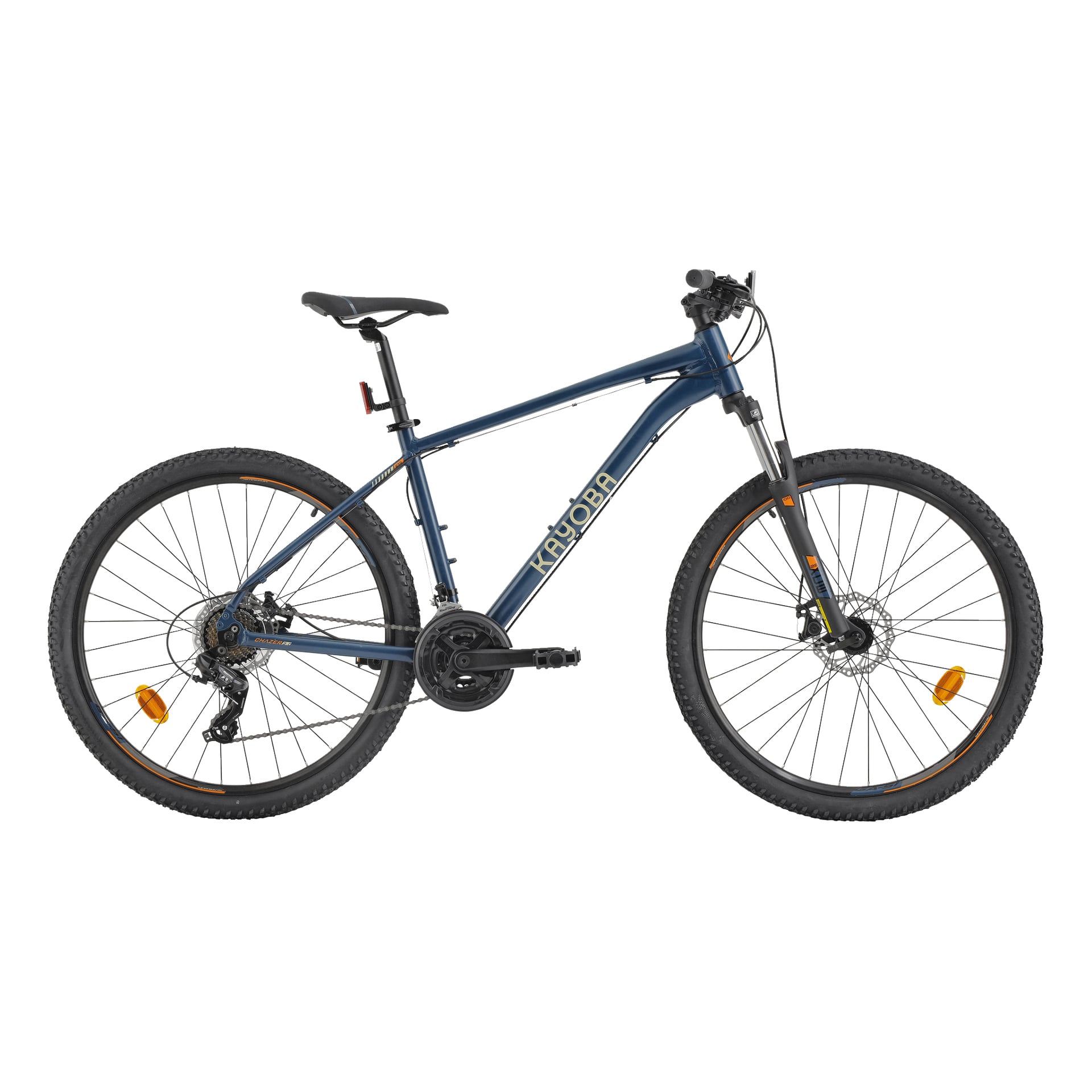 En blå Kayoba Chazer terrengsykkel med forhjulsoppheng, skivebremser og knotete dekk, vist fra siden.