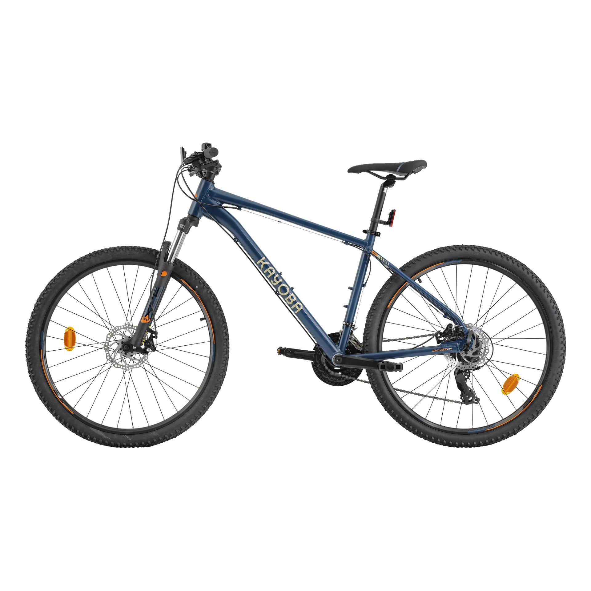 Kayoba Mountain bike Chazer med blå ramme, hvit KALOBRA-tekst, forhjulsoppheng, svart sete, knotete dekk og skivebremser.