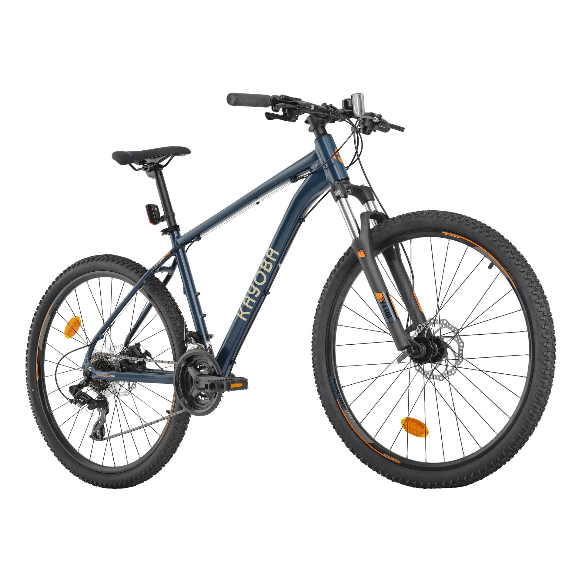 Kayoba Mountain Bike Chazer har en blå og svart ramme, forhjulsoppheng, flatstyre, skivebremser, knotete dekk og "Kayoba" på rammen.