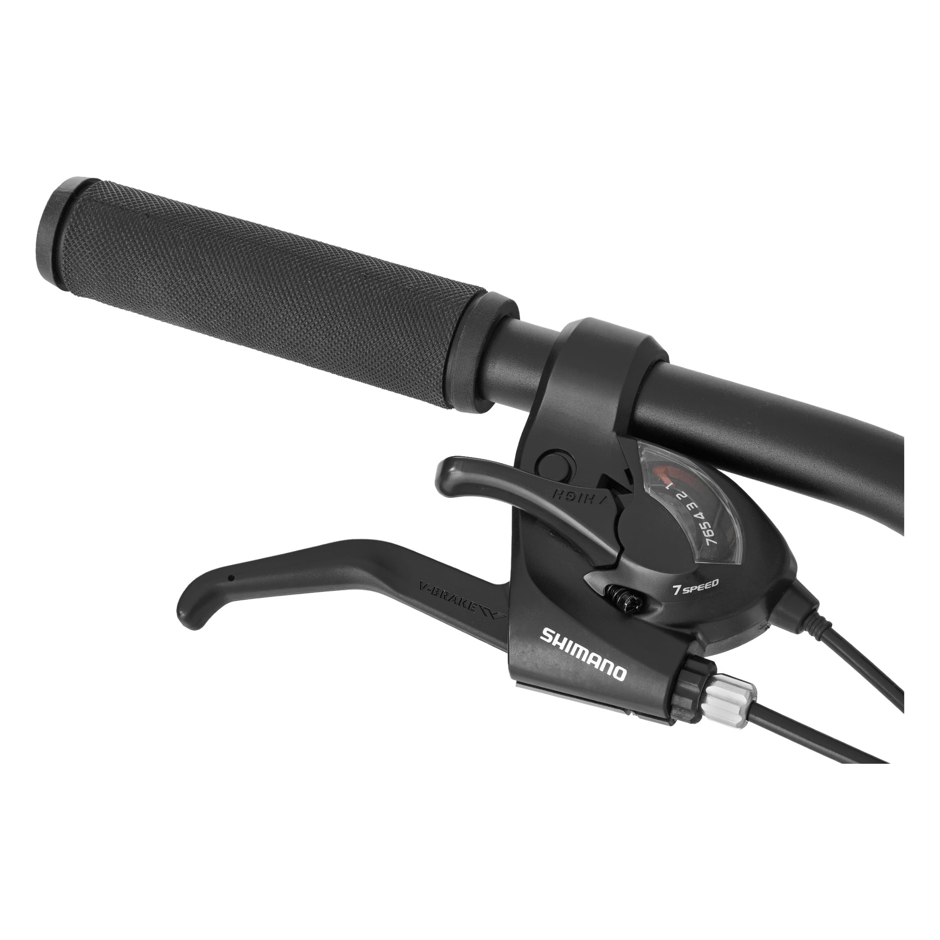 Detaljert visning av en Kayoba Chazer terrengsykkels svarte styre med teksturert grep, Shimano 7-trinns girspak, bremsehendel og kabler.
