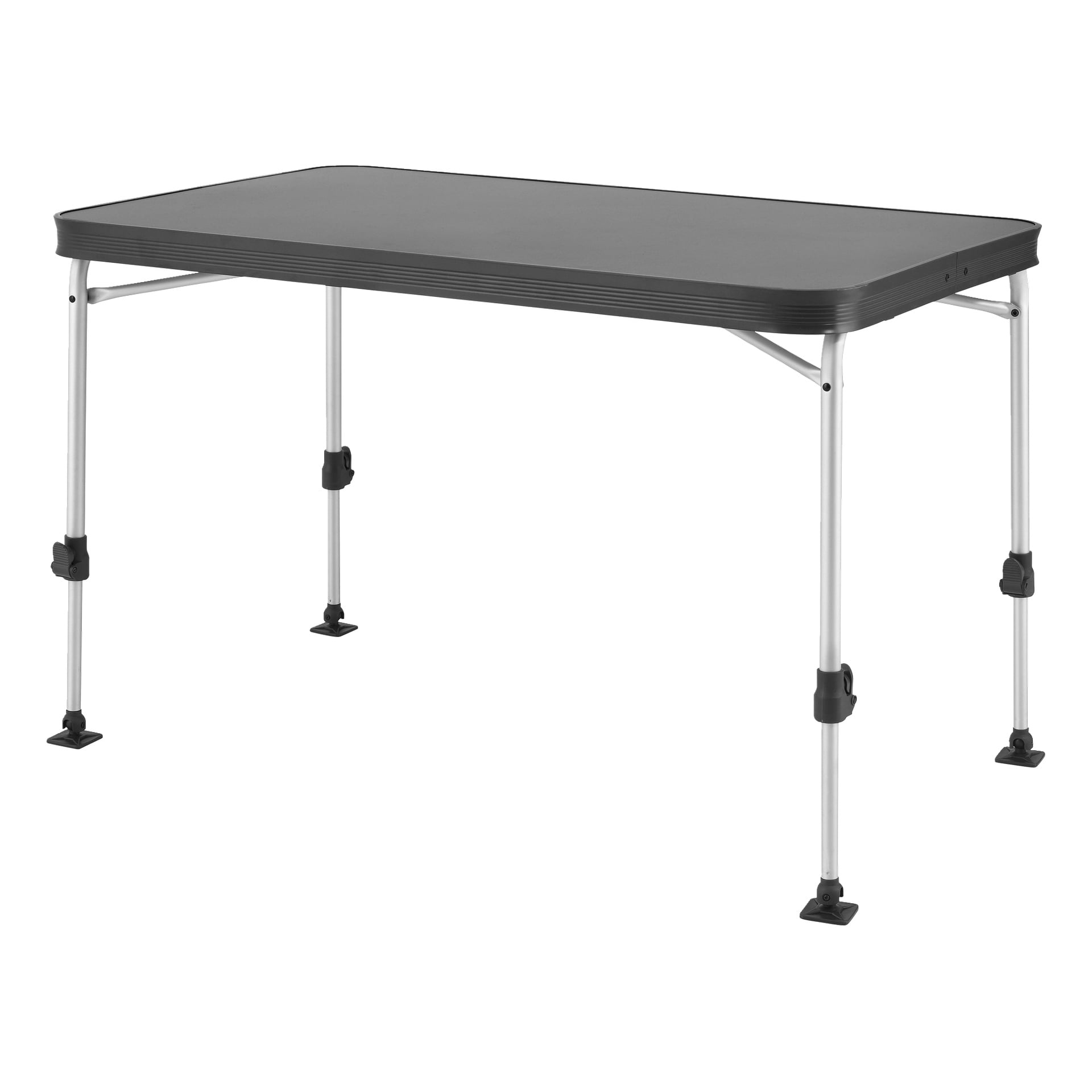 Kayoba campingbord med svart rektangulær plate, sølvfargede justerbare ben, svarte beslag, flate føtter og et minimalistisk, praktisk utseende.
