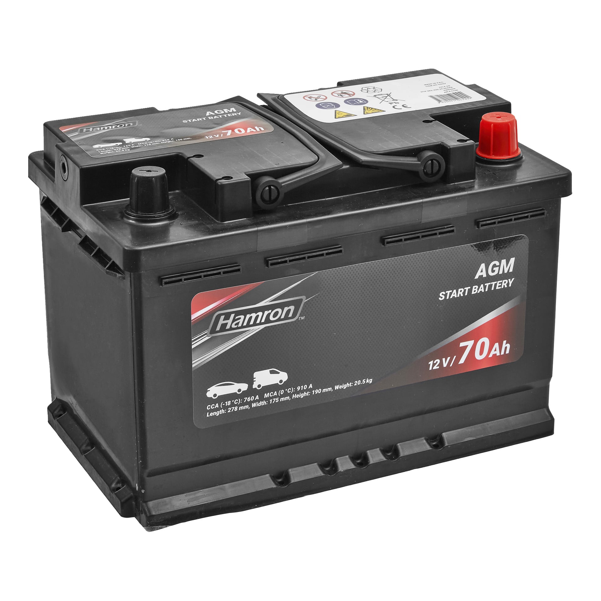 Et svart Hamron AGM bilbatteri med røde og svarte terminaler, merket 12V 70Ah. Etiketten har spesifikasjoner og autosymboler.