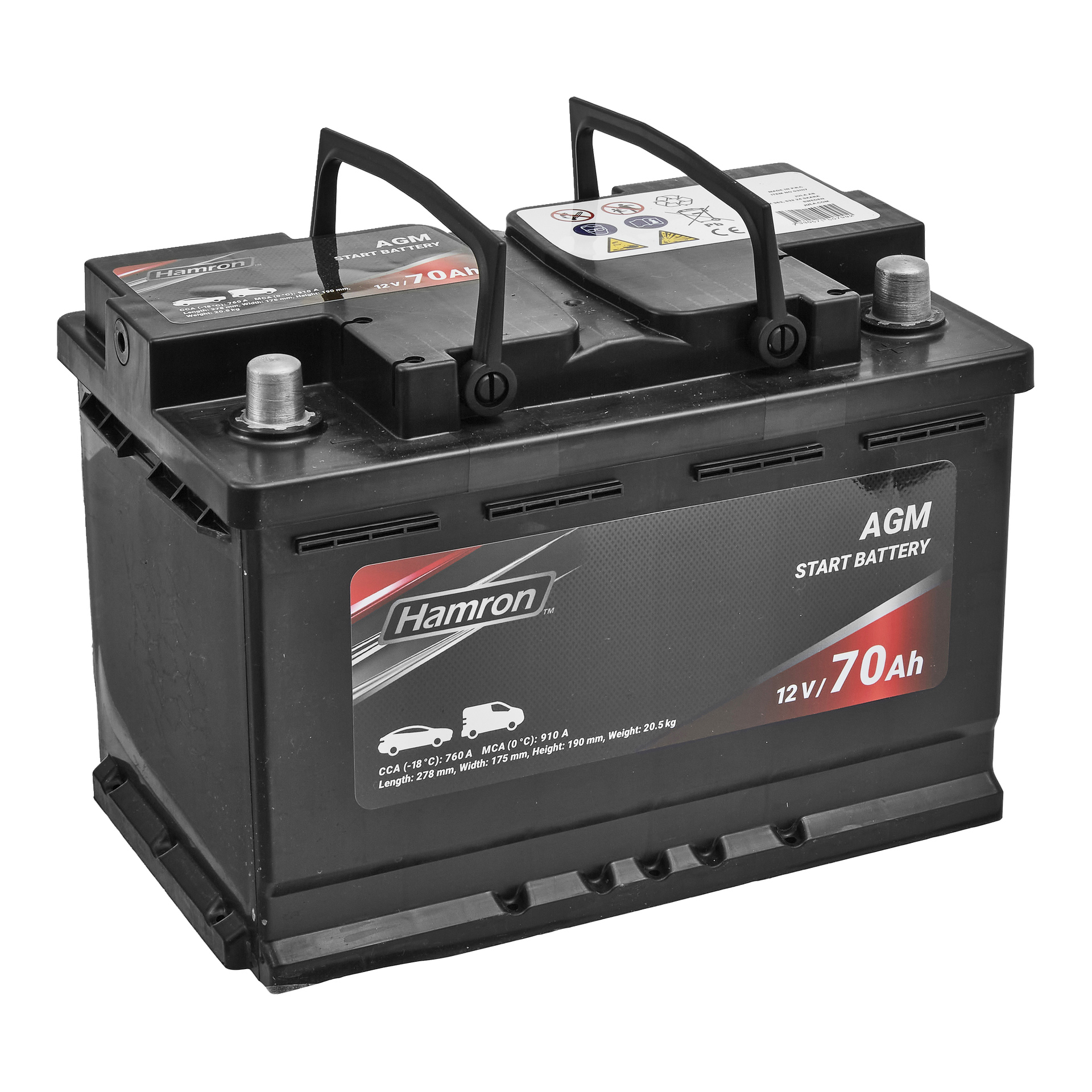 Et svart AGM Hamron bilbatteri merket 12V 70Ah, utstyrt med doble håndtak, topp metallterminaler og symboler på kabinettet.