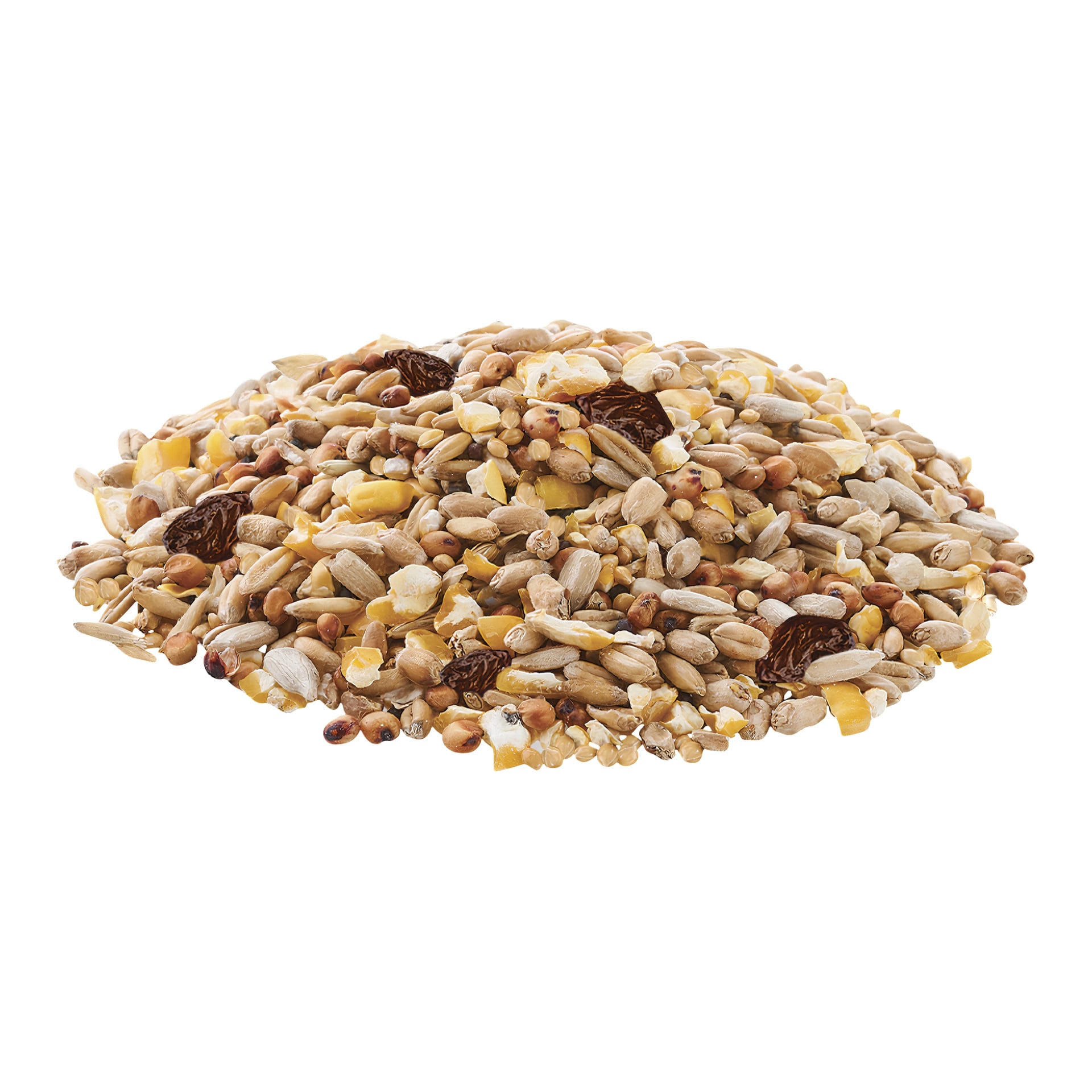 En närbild av Hard Head Seed blandning med solrosfrön, krossad majs, torkade fruktbitar och olika spannmål.