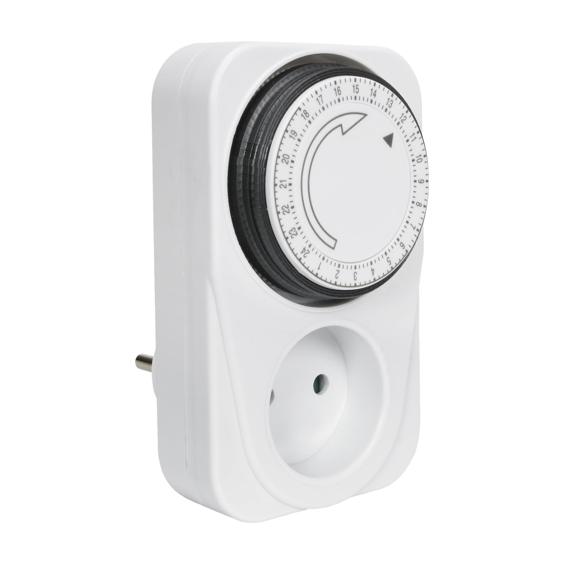 Anslut 24-timmars timer är en vit mekanisk inpluggad enhet med en rund ratt som visar timintervaller och en stor pil. Ett enda uttag sitter precis under ratten, vilket gör att du kan koppla in en elektronisk enhet. Tillverkad för användning med standarduttag gör det enkelt att ställa in tidtagna på/av-cykler.