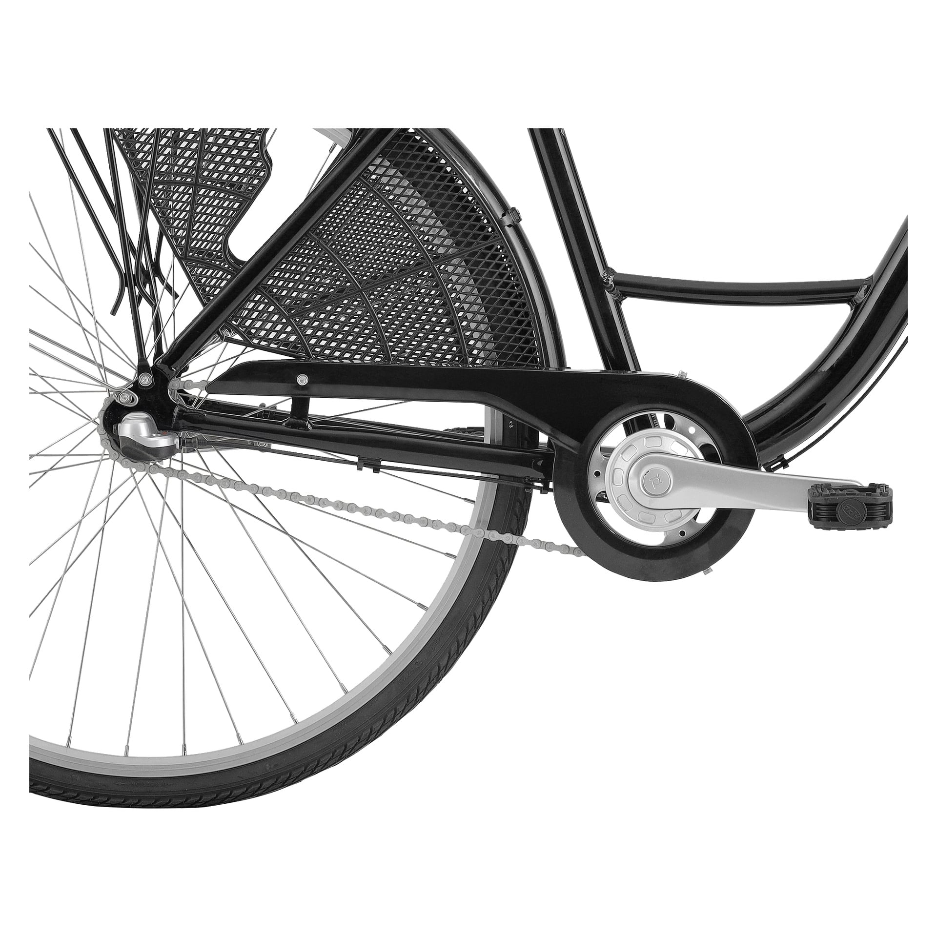 Närbild av bakhjulet och drivlinan på Kayoba Women's Elegance City Bike, där kedja, pedal, skydd och ram syns.