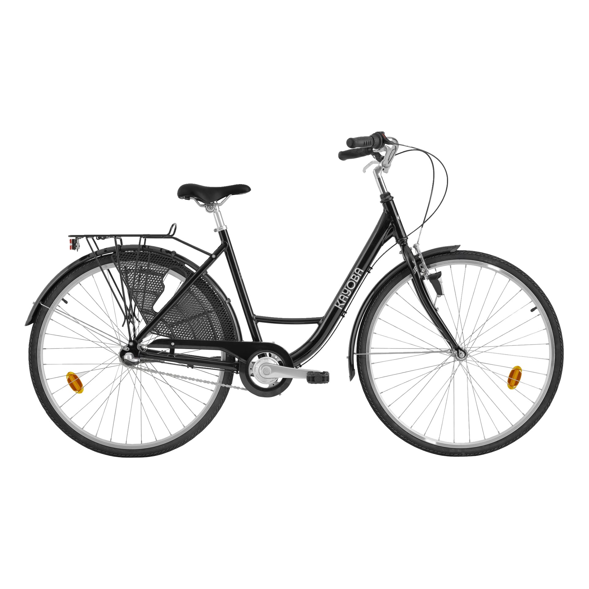 Svart Kayoba Women's Elegance City Bike med genomstegsram, upprättstående styre, skärmar, bakre pakethållare, kedjeskydd och reflekterande pedaler.