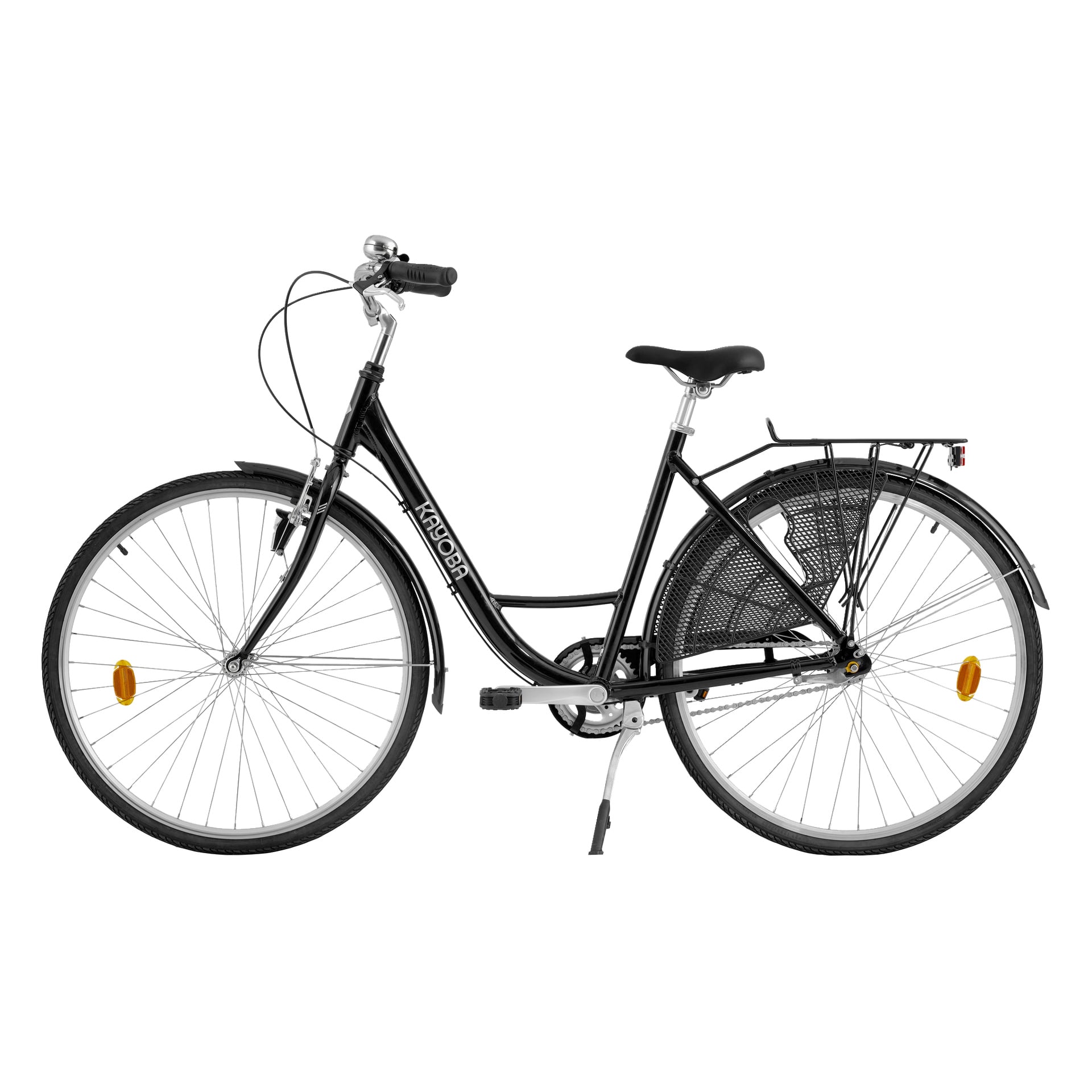 Kayoba Elegance City Bike, en svart step-through-cykel med skärmar, bakre pakethållare, reflektorer och smala däck visade i profil.