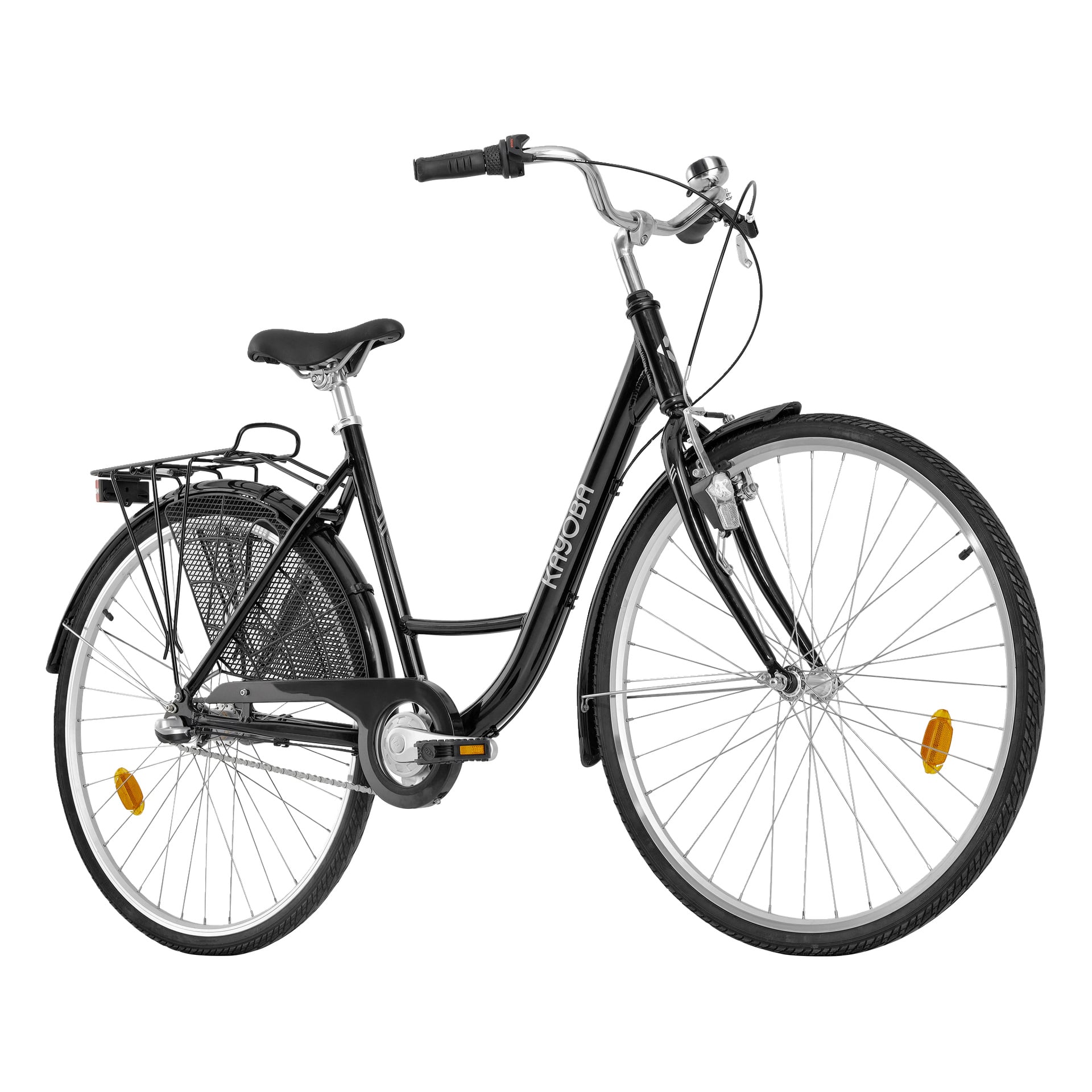 Kayoba Elegance City Bike har en svart genomstegsram, upprättstående styre, bakre pakethållare, skärmar, stödstöd och reflektorer.