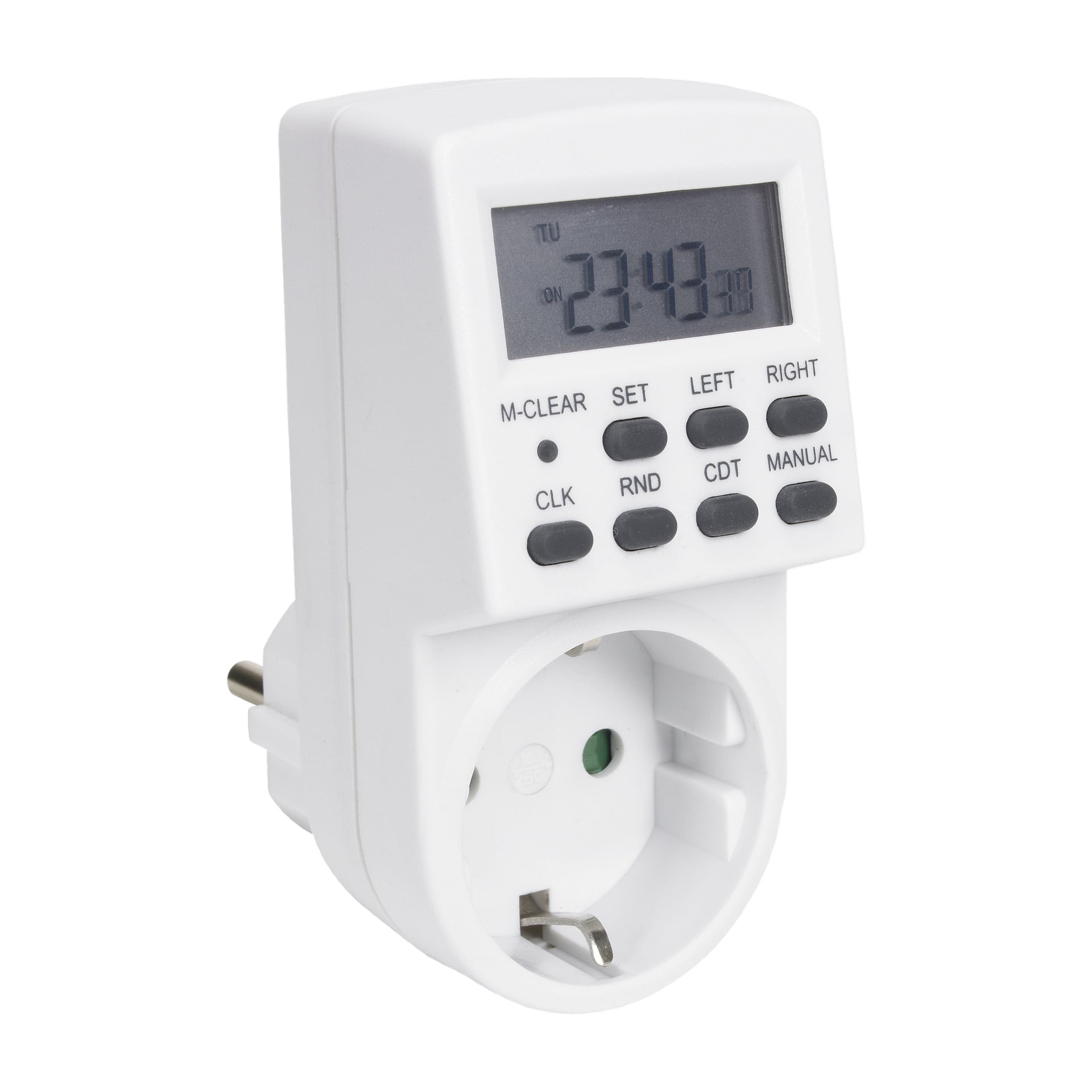 White Anslut digital veckotimer med en skärm som visar 23:43. Flera knappar—M-CLEAR, SET, LEFT, RIGHT, CLK, RND, CDT och MANUAL—är placerade ovanför ett vanligt strömuttag.