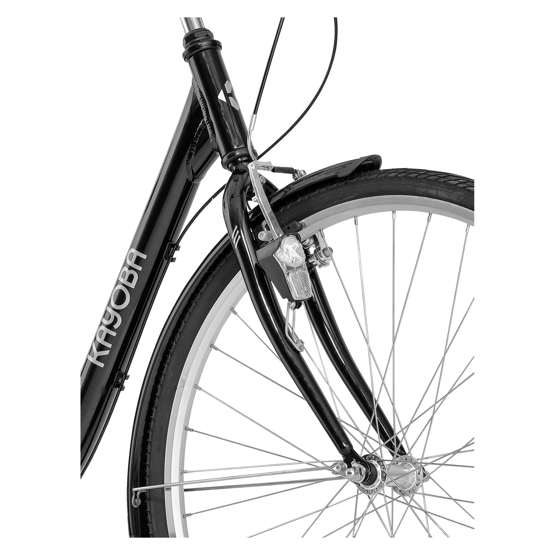 Närbild på framhjulet och gaffeln på en svart Kayoba Elegance City Bike, där däck, ekrar, broms, skärm och strålkastare syns.