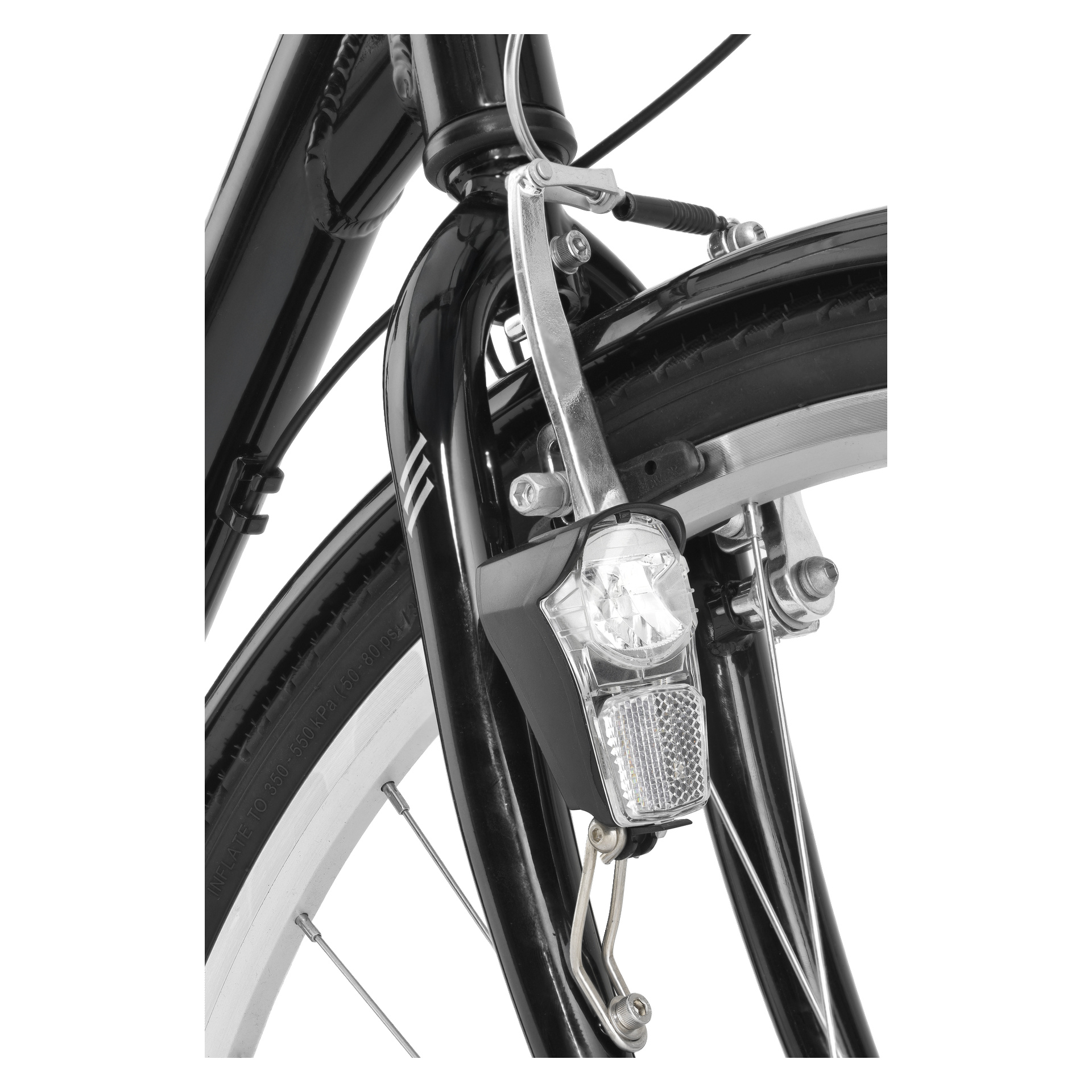 Detaljerad vy av Kayoba Women's Elegance City Bike framhjul med svart gaffel, silverbroms, svart däck och en tänd reflektor.