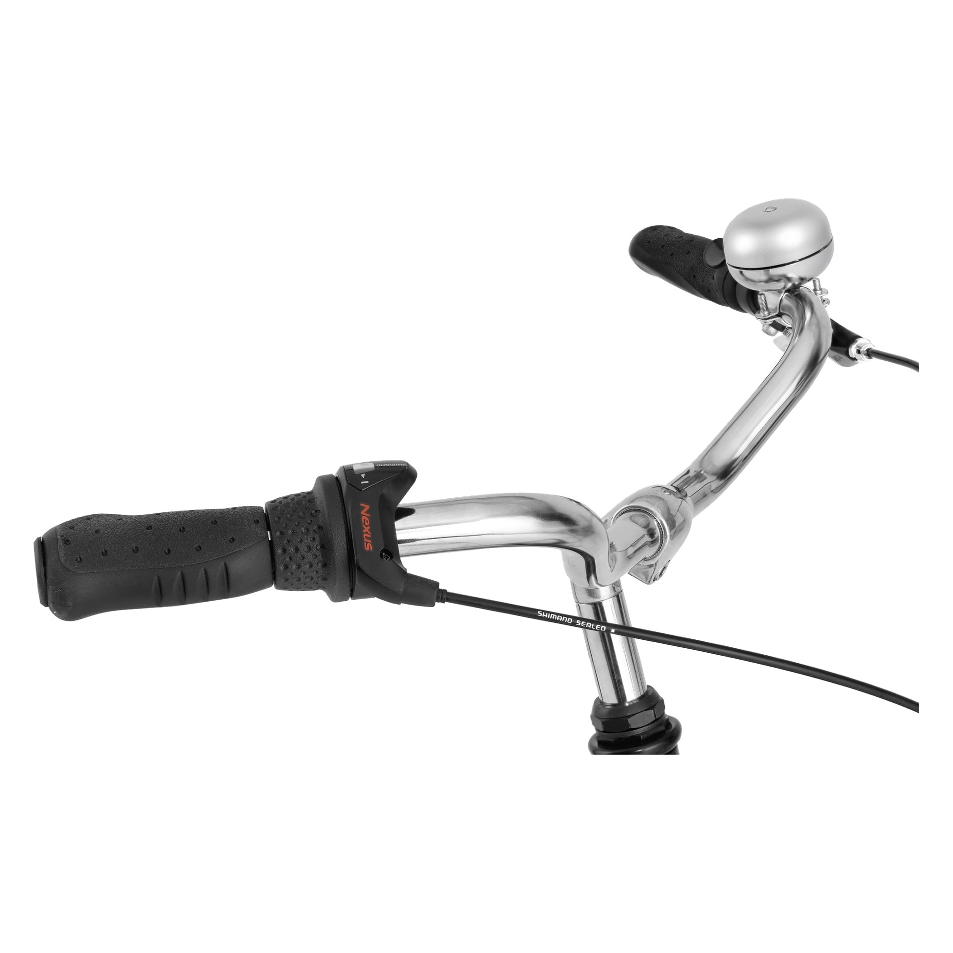 Närbild på Kayoba Elegance City Bike-styret med svarta handtag, silverklocka på höger sida, vänster Shimano-växelspak och exponerad bromskabel.