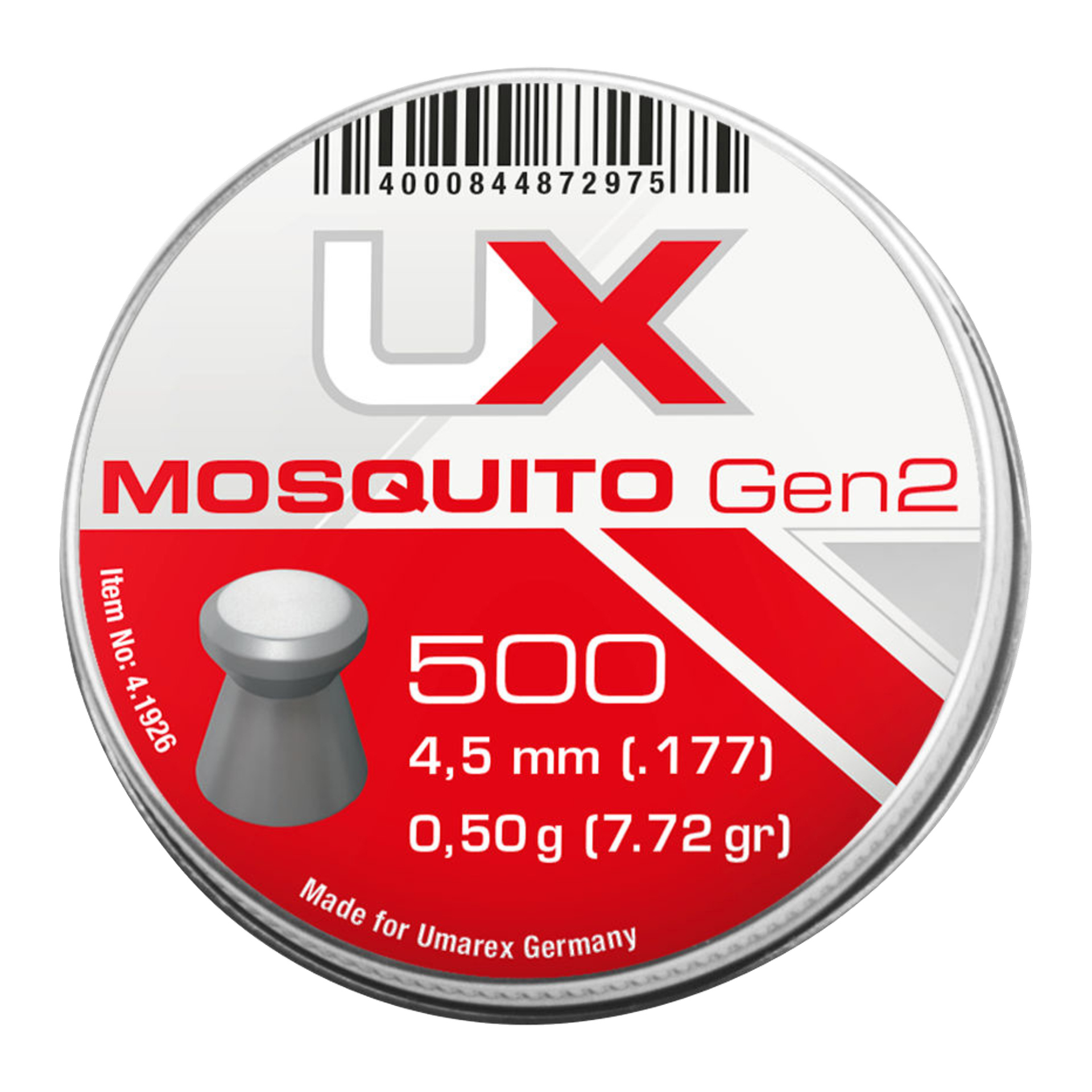 Rund burk med Umarex Airgun Pellets Mosquito Gen2, 500-pack (4,5 mm/.177, 0,50g/7,72 gr), märkt för Umarex Tyskland, streckkod visad.