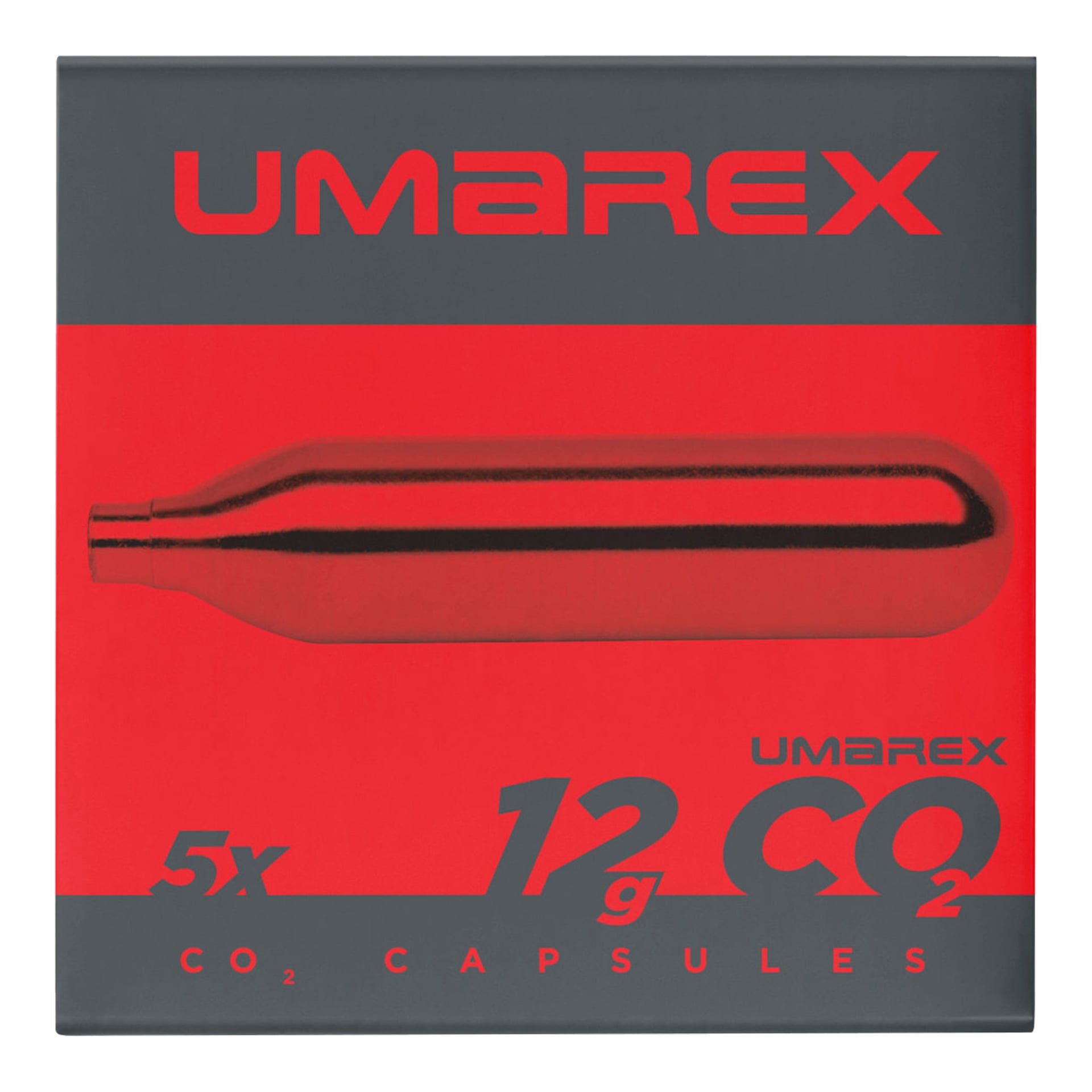 En grå och röd Umarex-låda visar en bild av en CO2-patron, med text: "Koldioxidpatroner 5 pack, 12g".