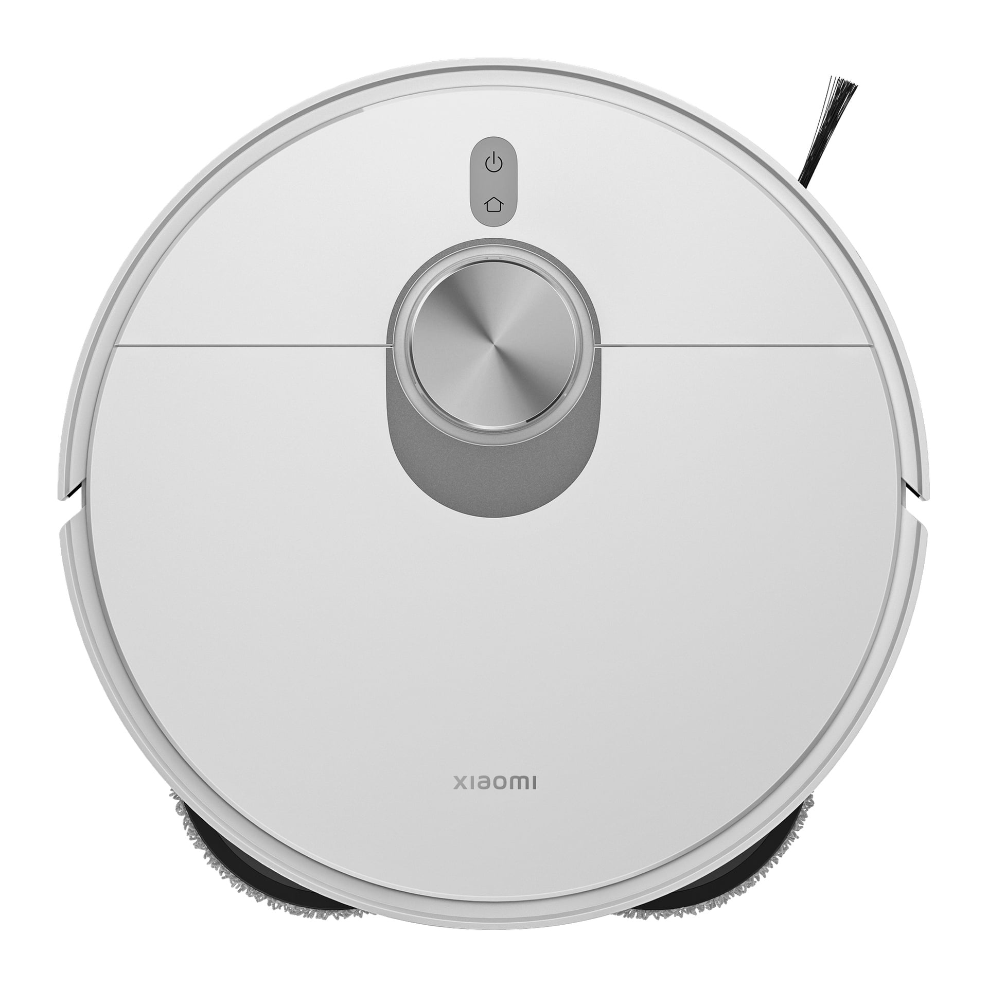 Widok z góry na okrągły odkurzacz Xiaomi Robotic z samoopróżniającym się X20 Pro, pokazujący centralny, podniesiony czujnik, przycisk zasilania oraz szczotkę boczną w prawym górnym rogu.