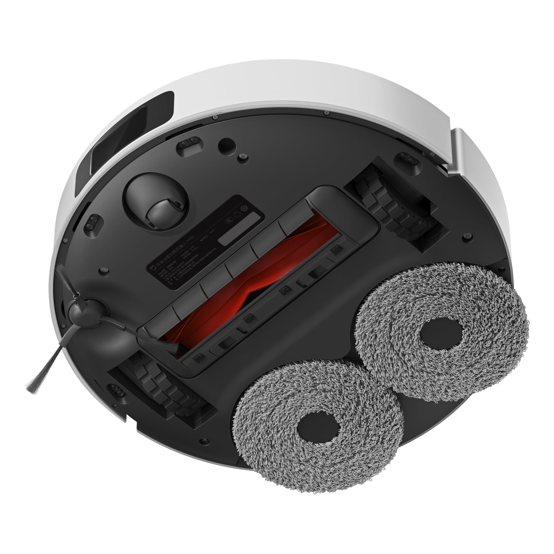 Na spodku odkurzacza Xiaomi Robotic X20 Pro widnieje dwie podkładki do mopowania z teksturą, centralną czerwoną szczotkę, dwa czarne kółka oraz małą szczoteczkę boczną na czarnej podstawie.