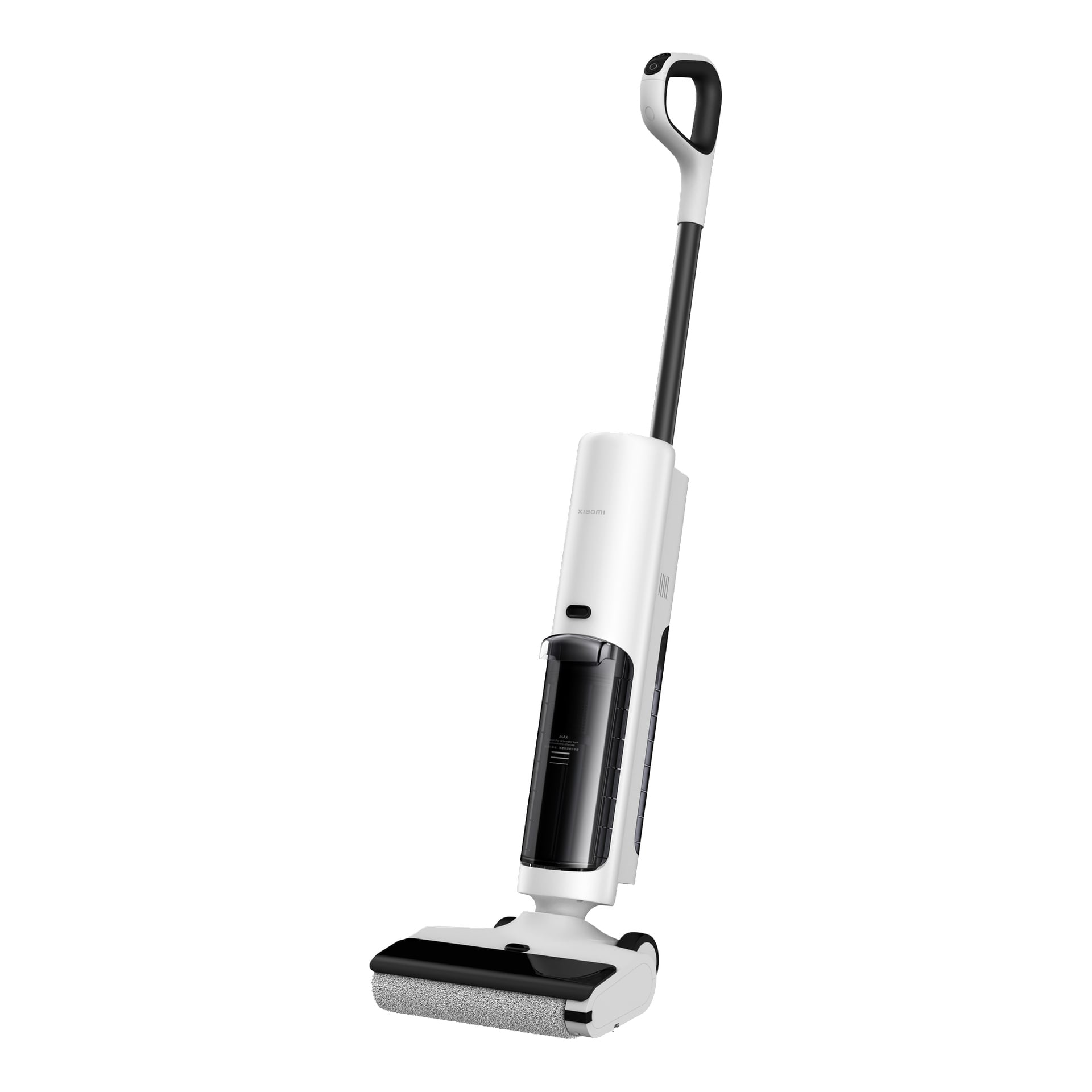 Der Xiaomi Truclean W20 ist ein kabelloser Standstaubsauger in Weiß und Schwarz, mit Griff, klarer Mülltonne und breit strukturiertem Rollenkopf.