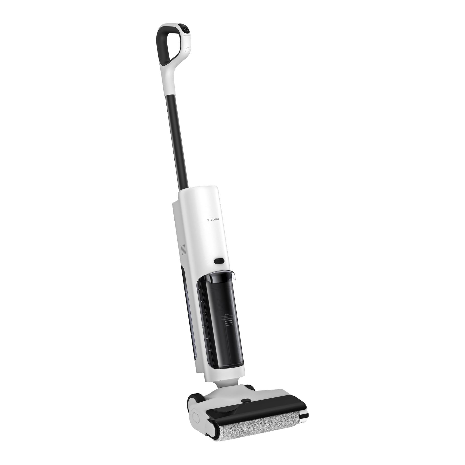 Der weiß-schwarze Xiaomi Truclean W20 Upright 3-in-1 Staubsauger hat einen langen Griff, Bedientasten und eine Rollenbürste an der Basis.