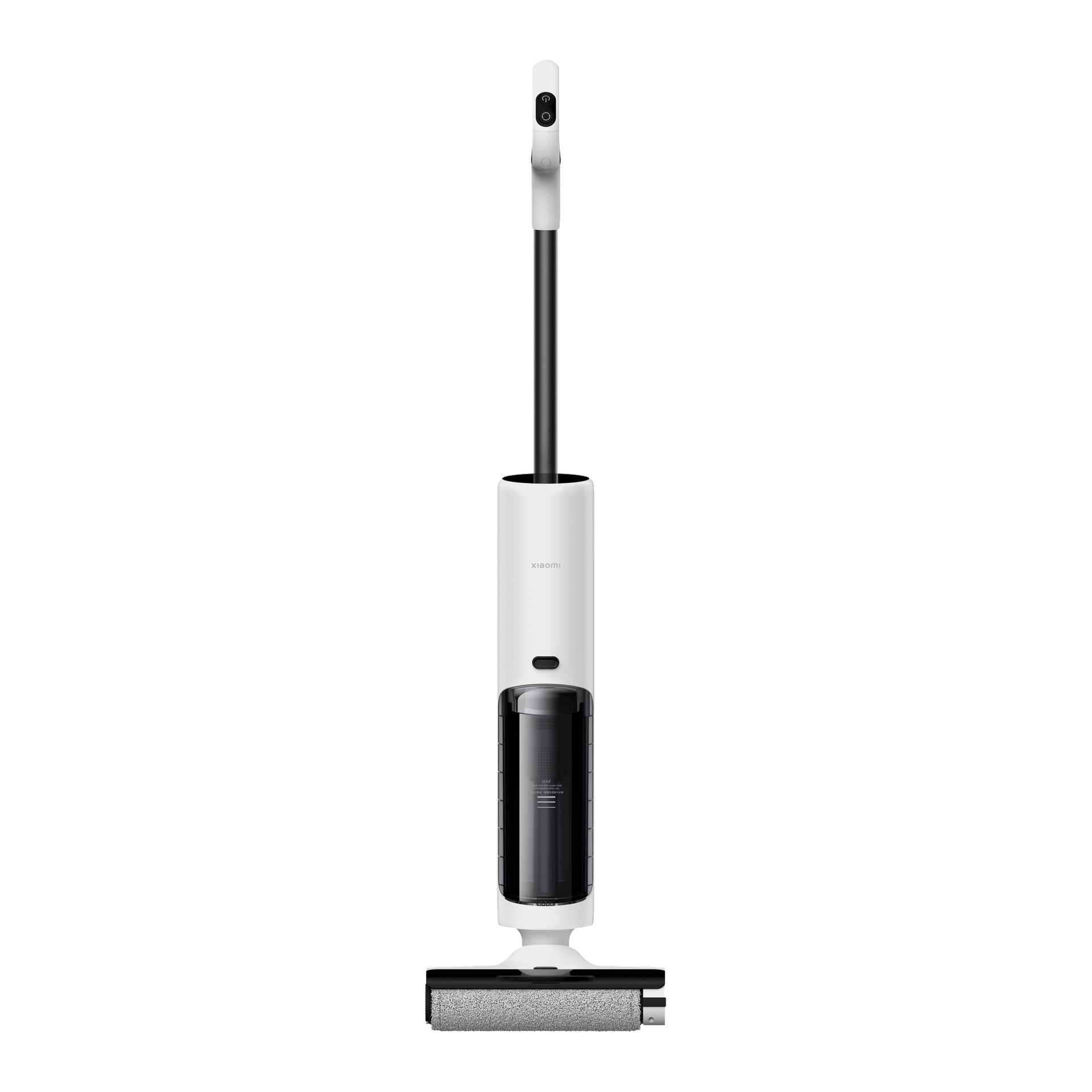 Der Xiaomi Upright 3-in-1 Akku-Staubsauger mit Wischfunktion verfügt über einen weißen Gehäuse, einen schwarzen, transparenten Staubbehälter und einen breiten Reinigungskopf.