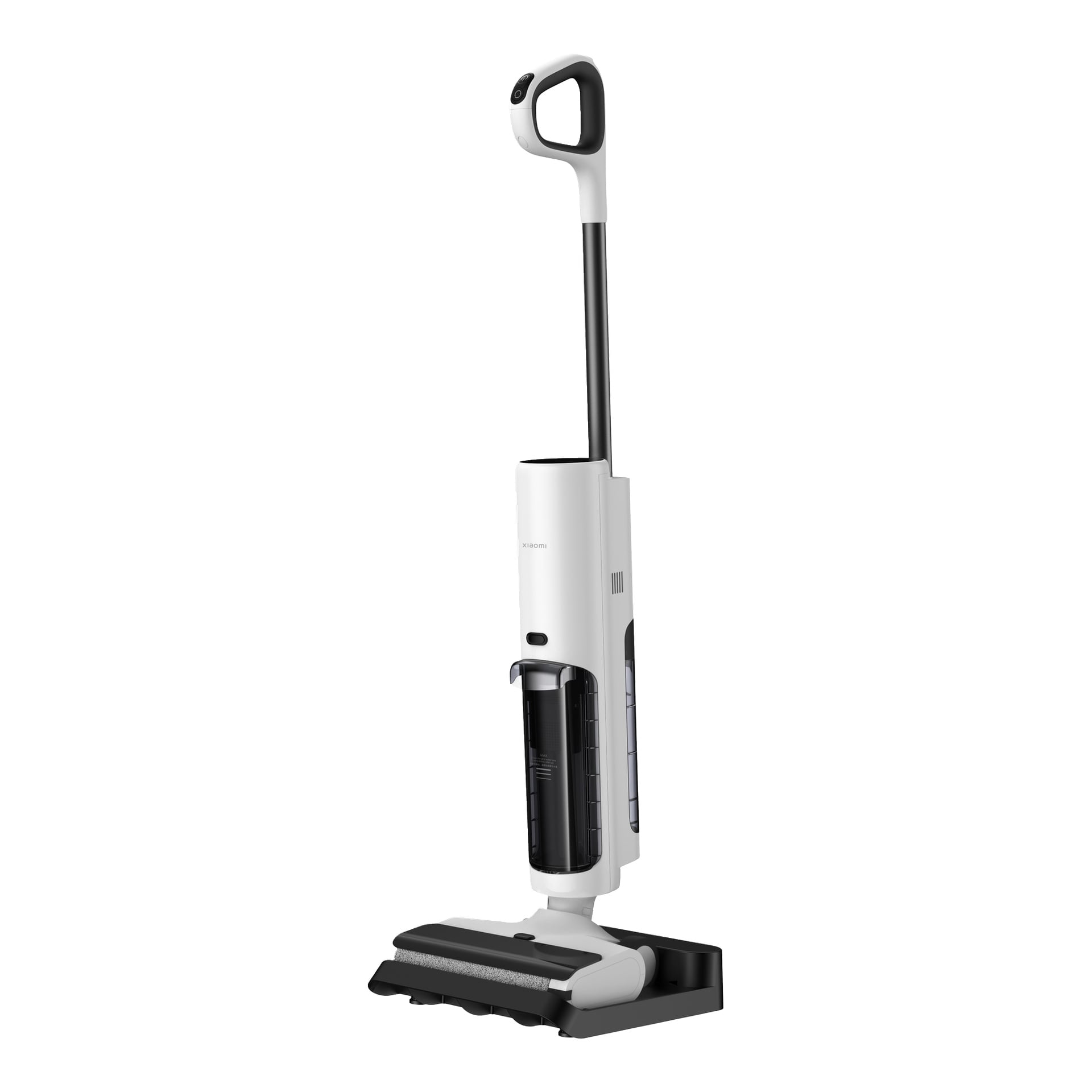 Der Xiaomi Truclean W20 3-in-1 Standstaubsauger mit Moppständern auf der Ladebasis, verfügt über einen schlanken Griff und einen klaren Staubbehälter.