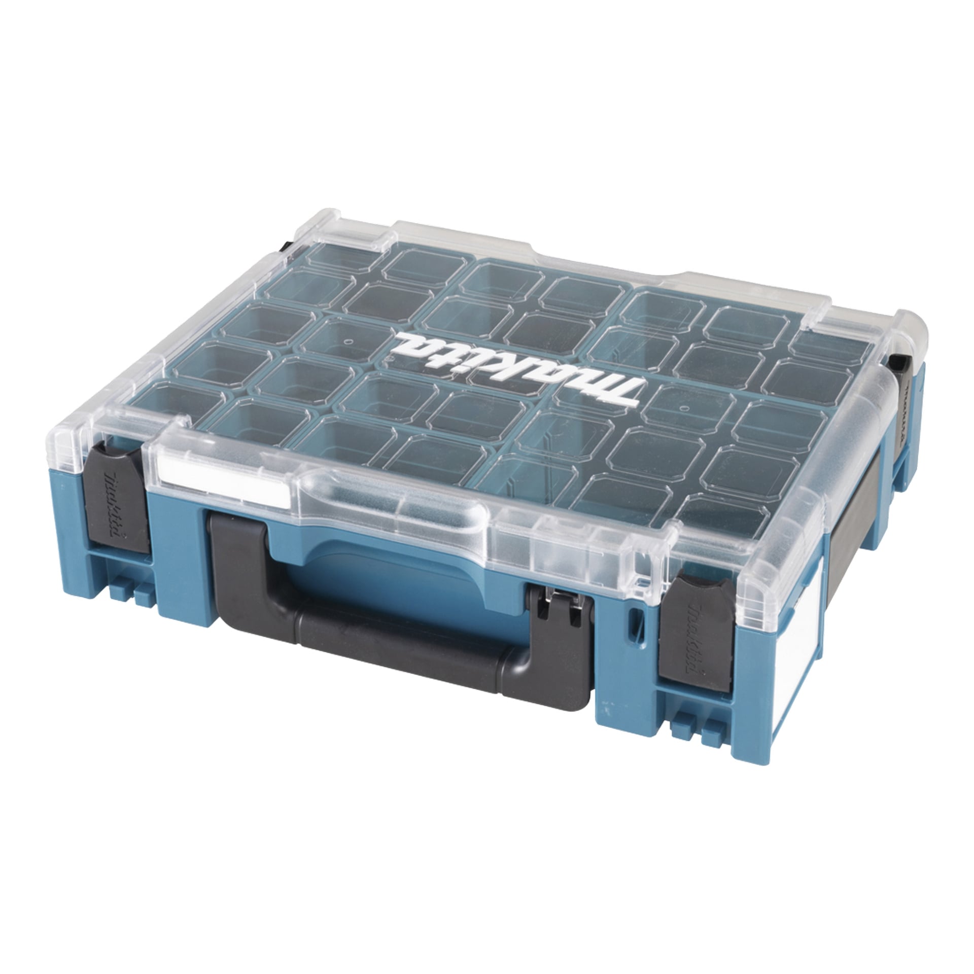 Blau-schwarze Makita-Aufbewahrungsbox 191X80-2 mit klarem Deckel, schwarzem Griff, weißem Makita-Logo und 13 sichtbaren Fächern.