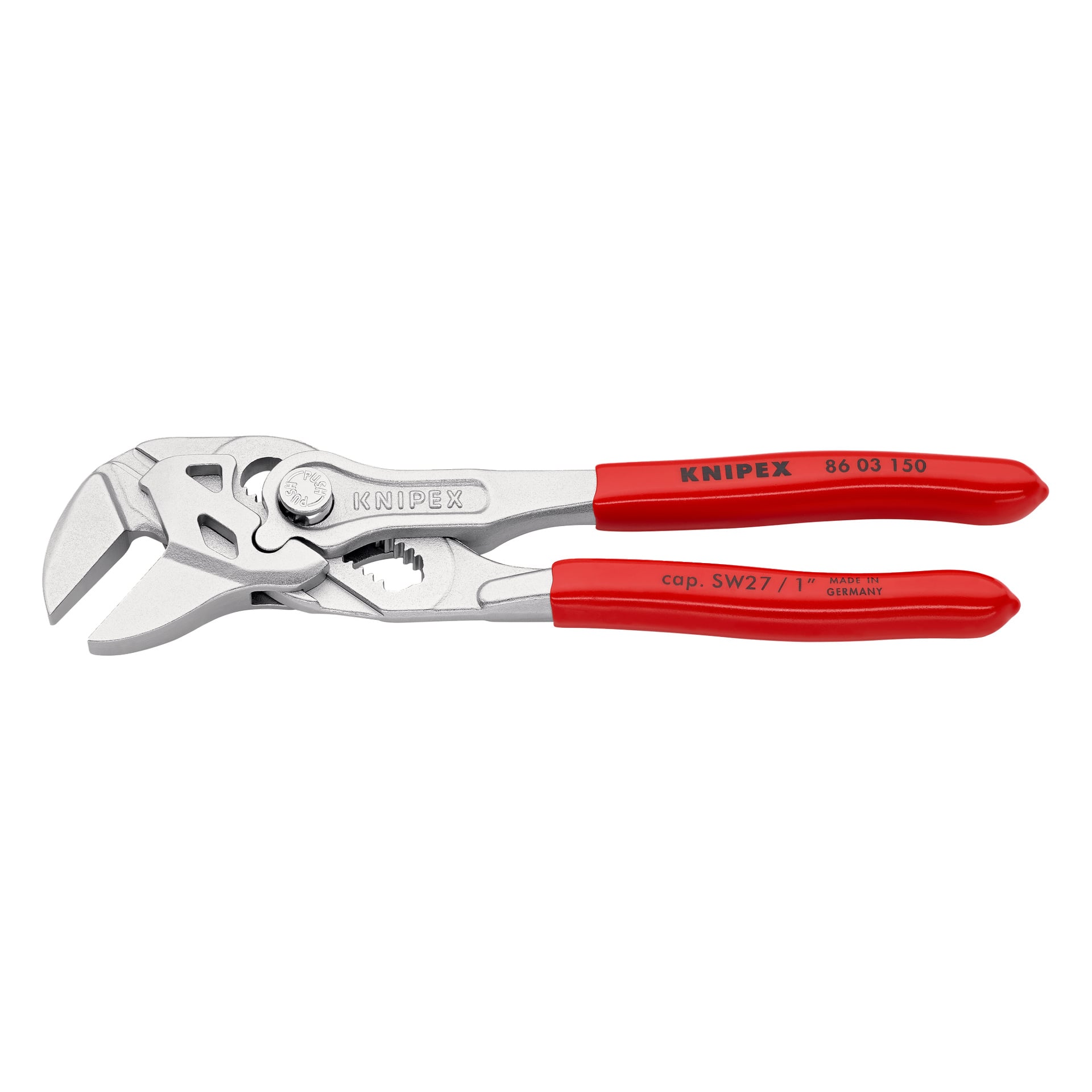 En Knipex Tängnyckel 86 03 150 SB med röda handtag, justerbara käftar och "Made in Germany" tryckt på handtaget.