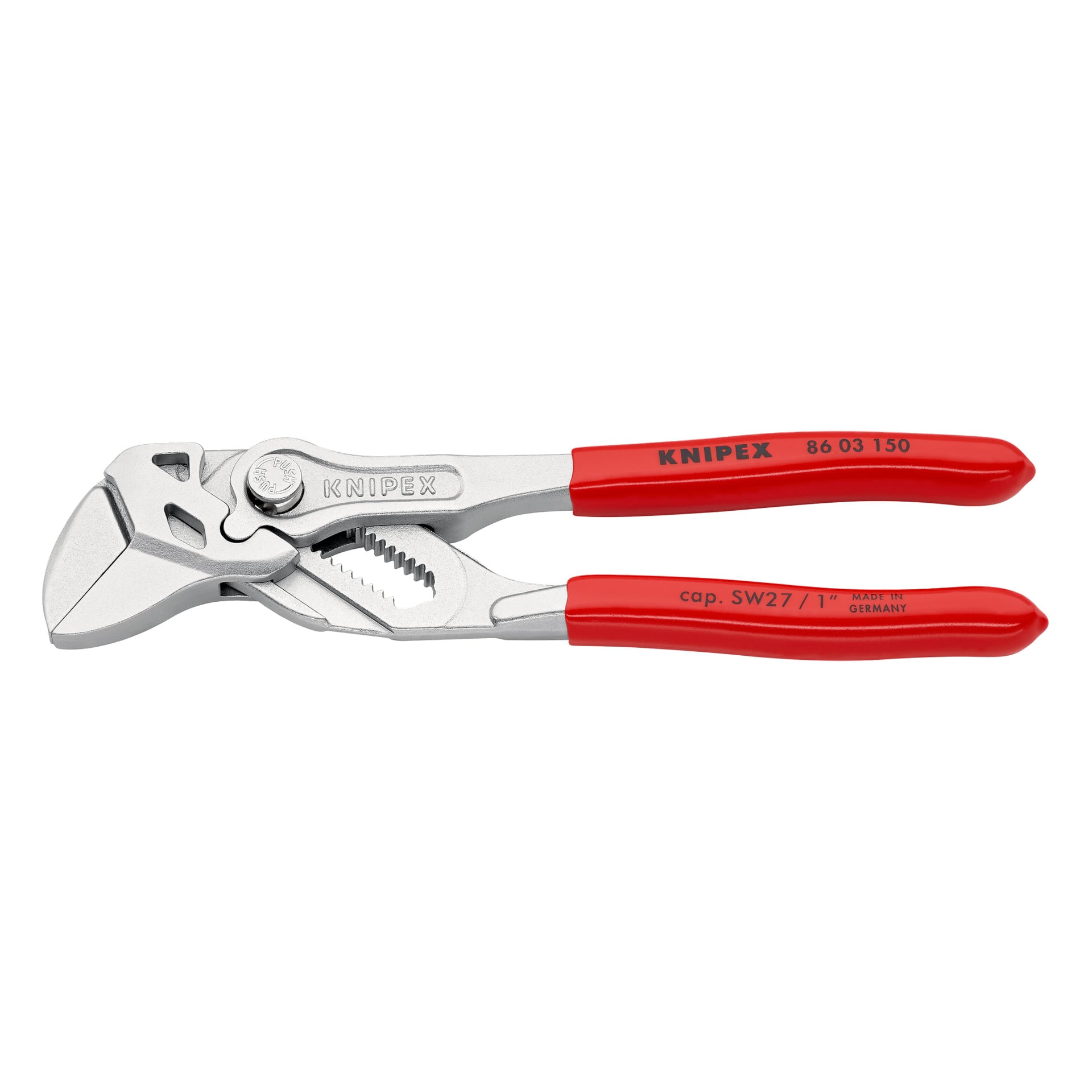 En silverfärgad Knipex Pliers Wrench 86 03 150 SB med röda grepp, märkt SW27/1, tillverkad i Tyskland.