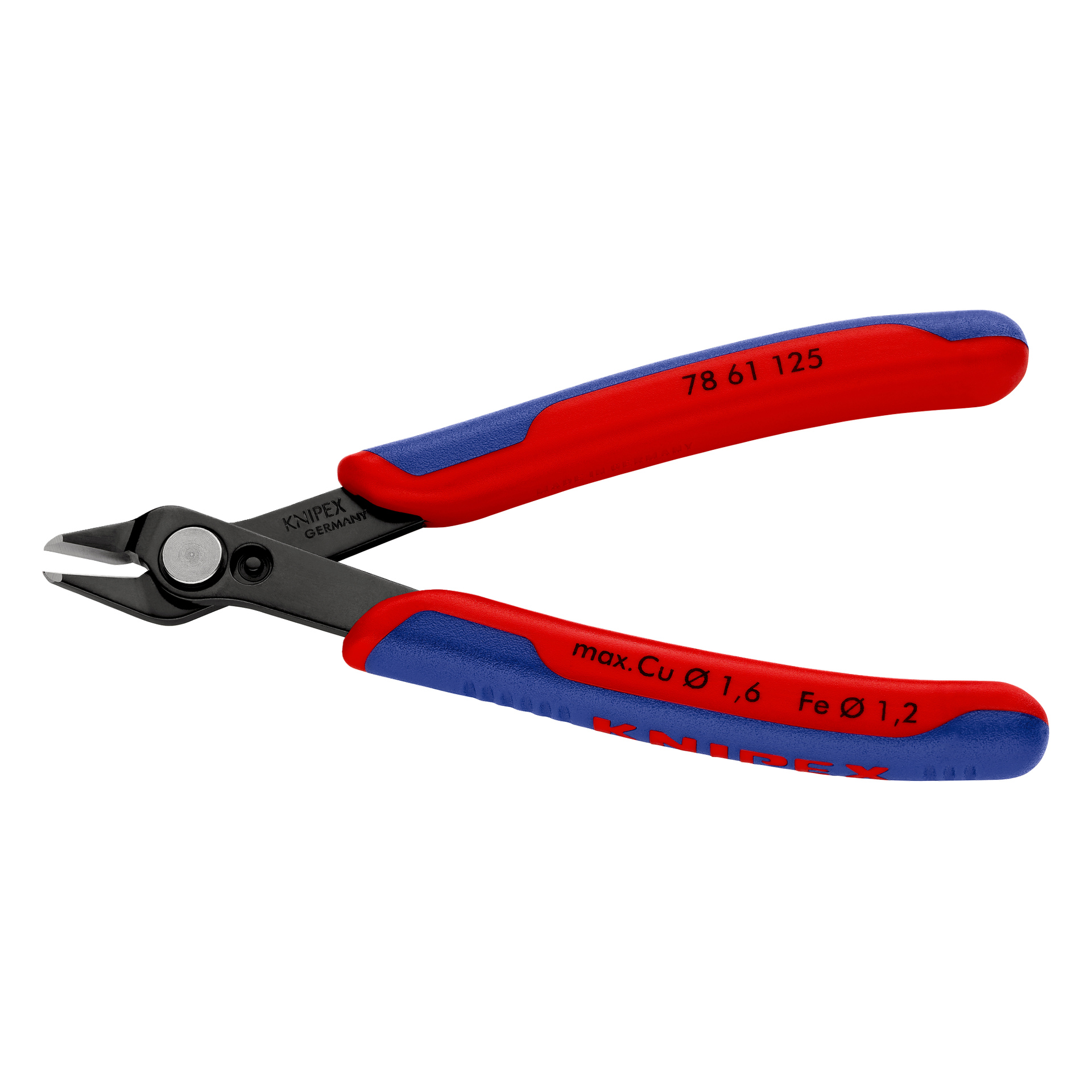 Knipex Side Cutting Pliers Electronic Super Knips med röda och blå ergonomiska handtag, svarta käftar och information om handtagen.