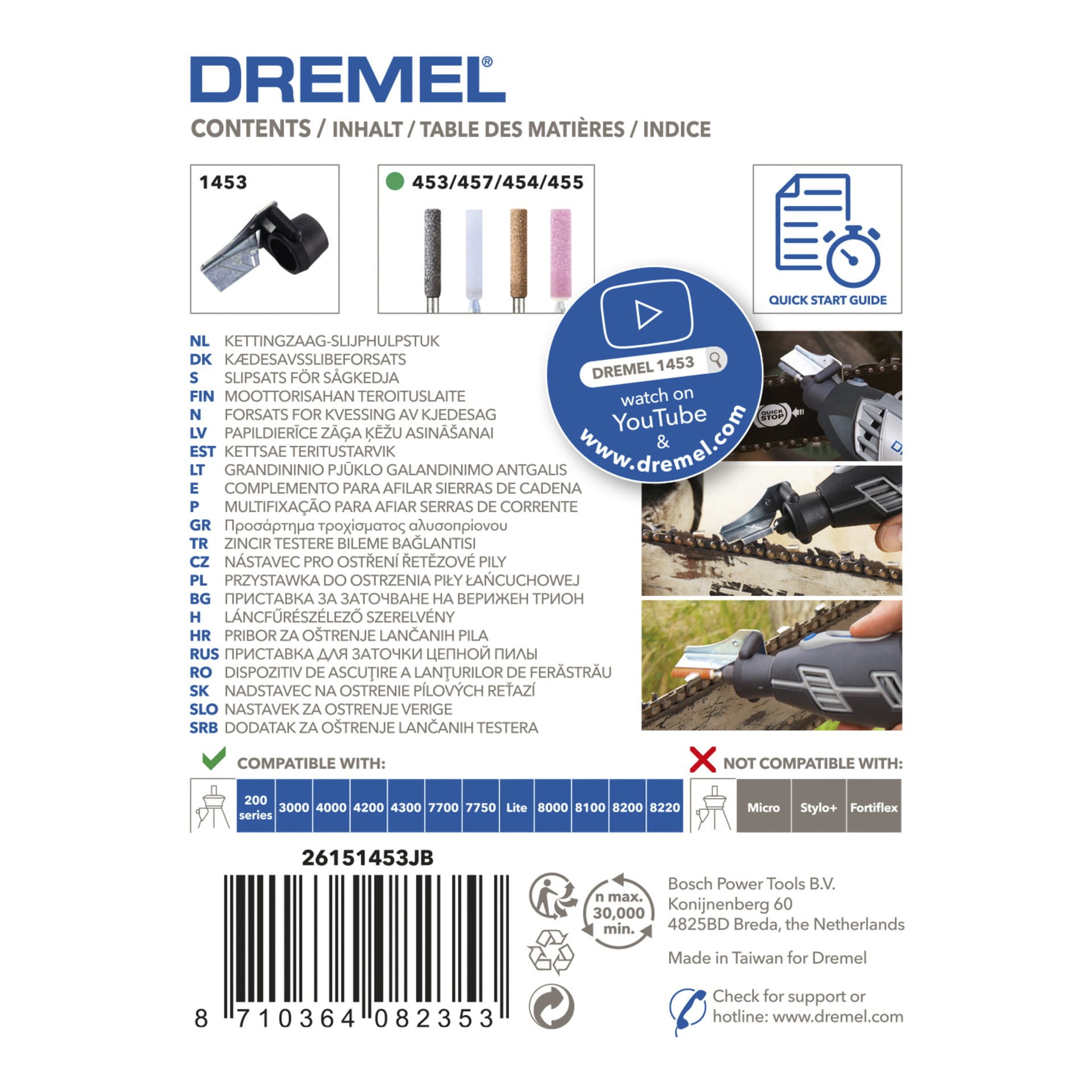 Instruktionsblad för Dremel 1453 motorsågsslipningsset (9 pc) detaljer inkluderade artiklar, kompatibla och inkompatibla verktyg, videolänk, streckkod.