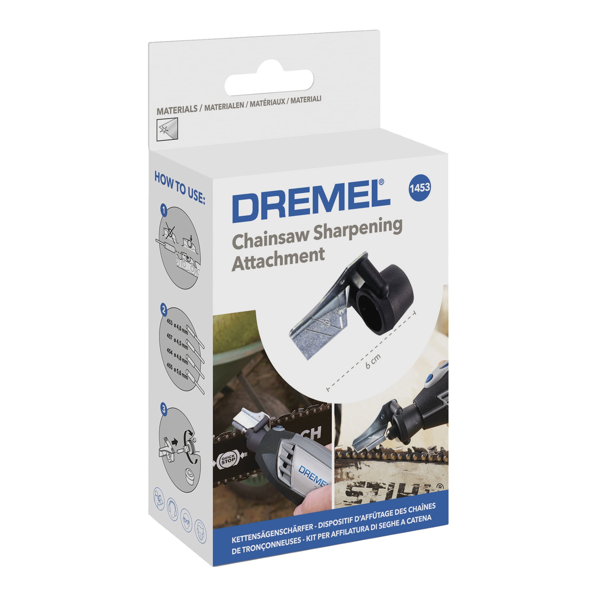Dremel 1453 motorsågsskärpningsset (9 delar) låda med instruktioner, diagram, användningsfoton, kompatibilitetsinformation och mått.