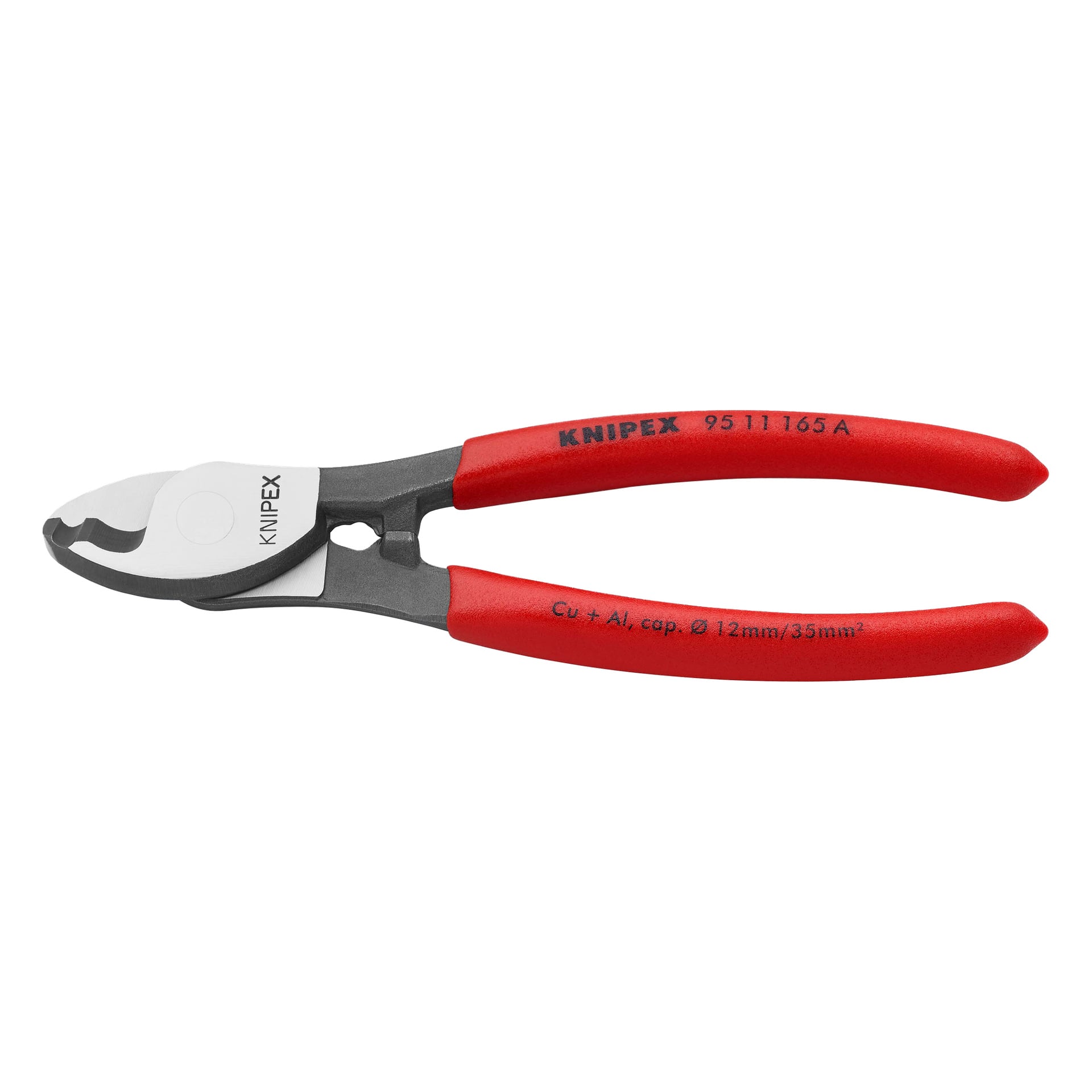 Knipex kabeltäng, modell 95 11 165 A SB, med röda handtag och metallskärhuvud som visar varumärket.