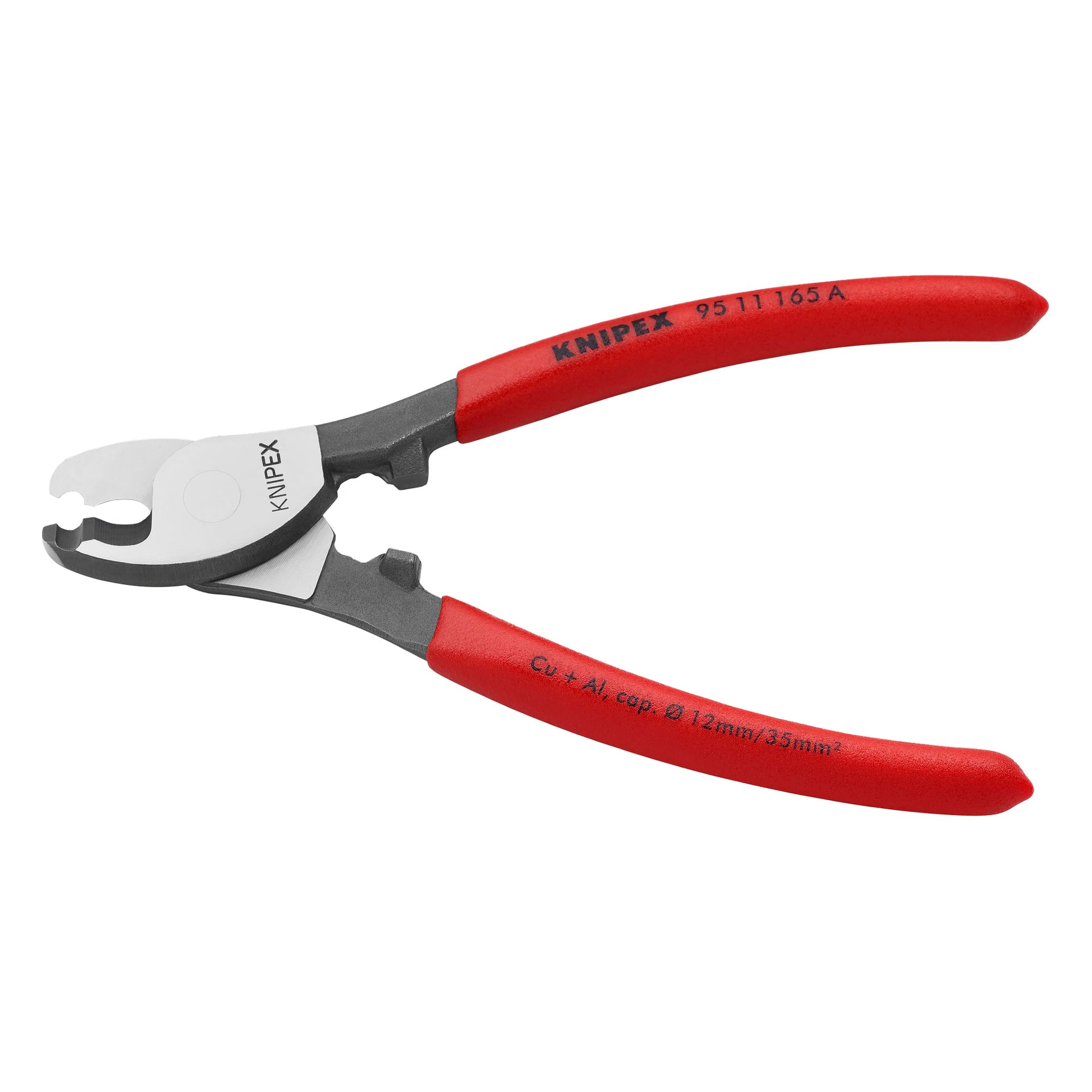 En Knipex-kabeltång 95 11 165 A SB med röda handtag och böjda skärblad, varumärke och specifikationer tryckta på handtagen.