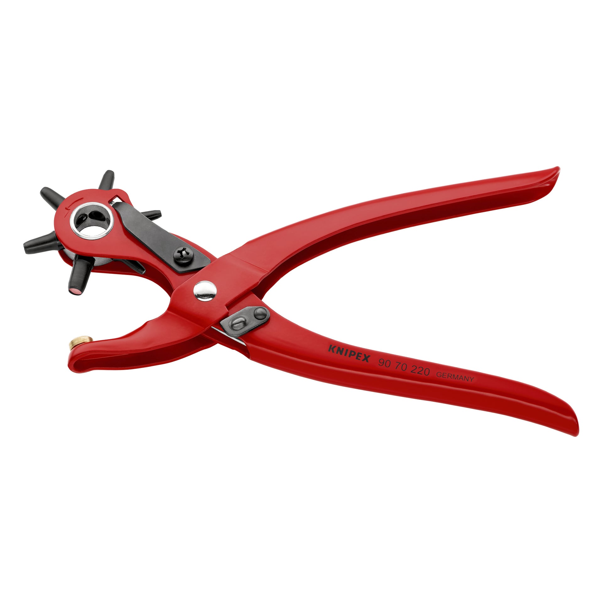 Röda metall Knipex roterande hålstansar 90 70 220 SB med roterande hjul för olika hål, märkt "Knipex Germany" på handtaget.