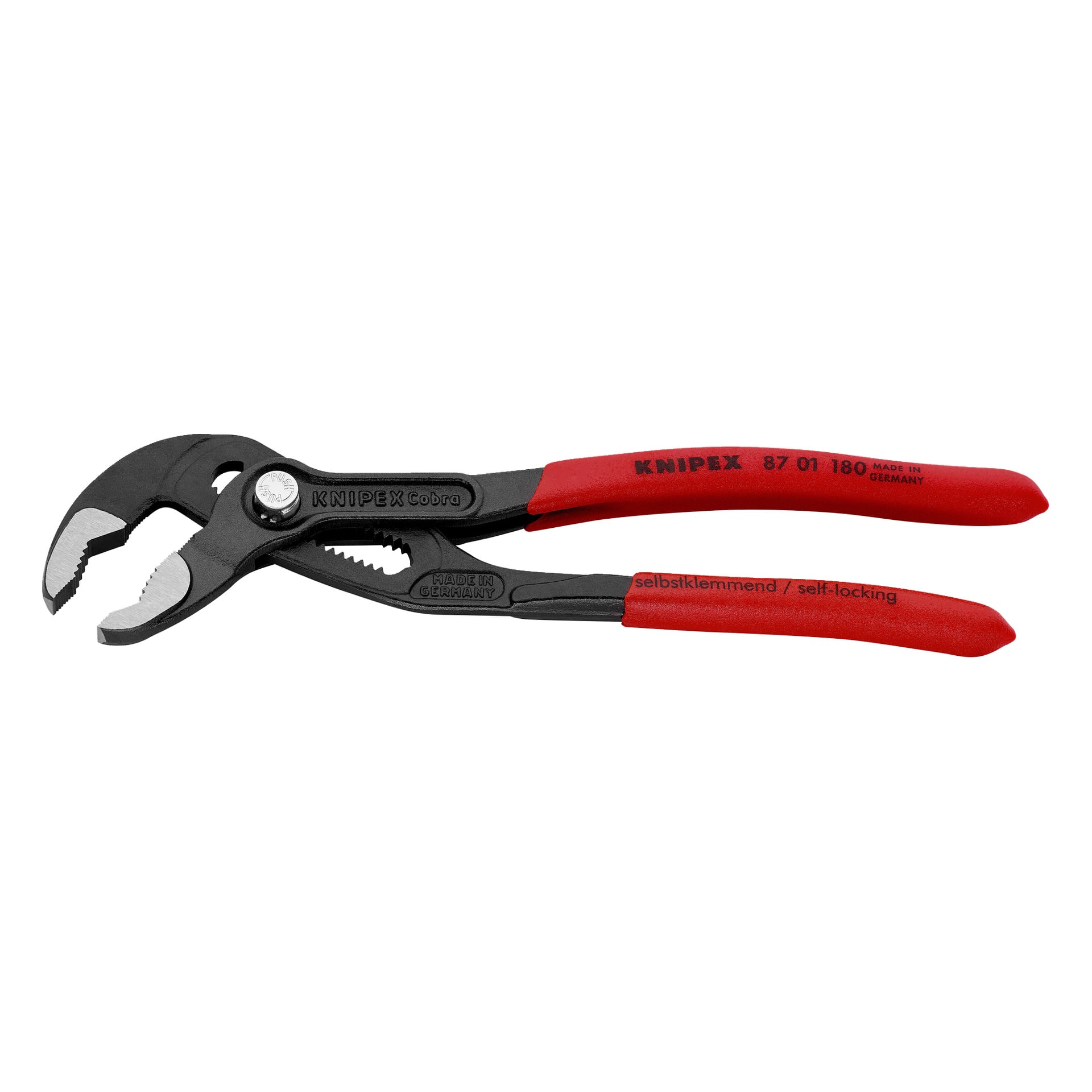 Ett par Knipex Cobra vattenpumpstång med röda handtag, svarta käftar och handtag märkta "Knipex", "Germany" och "självlåsande".