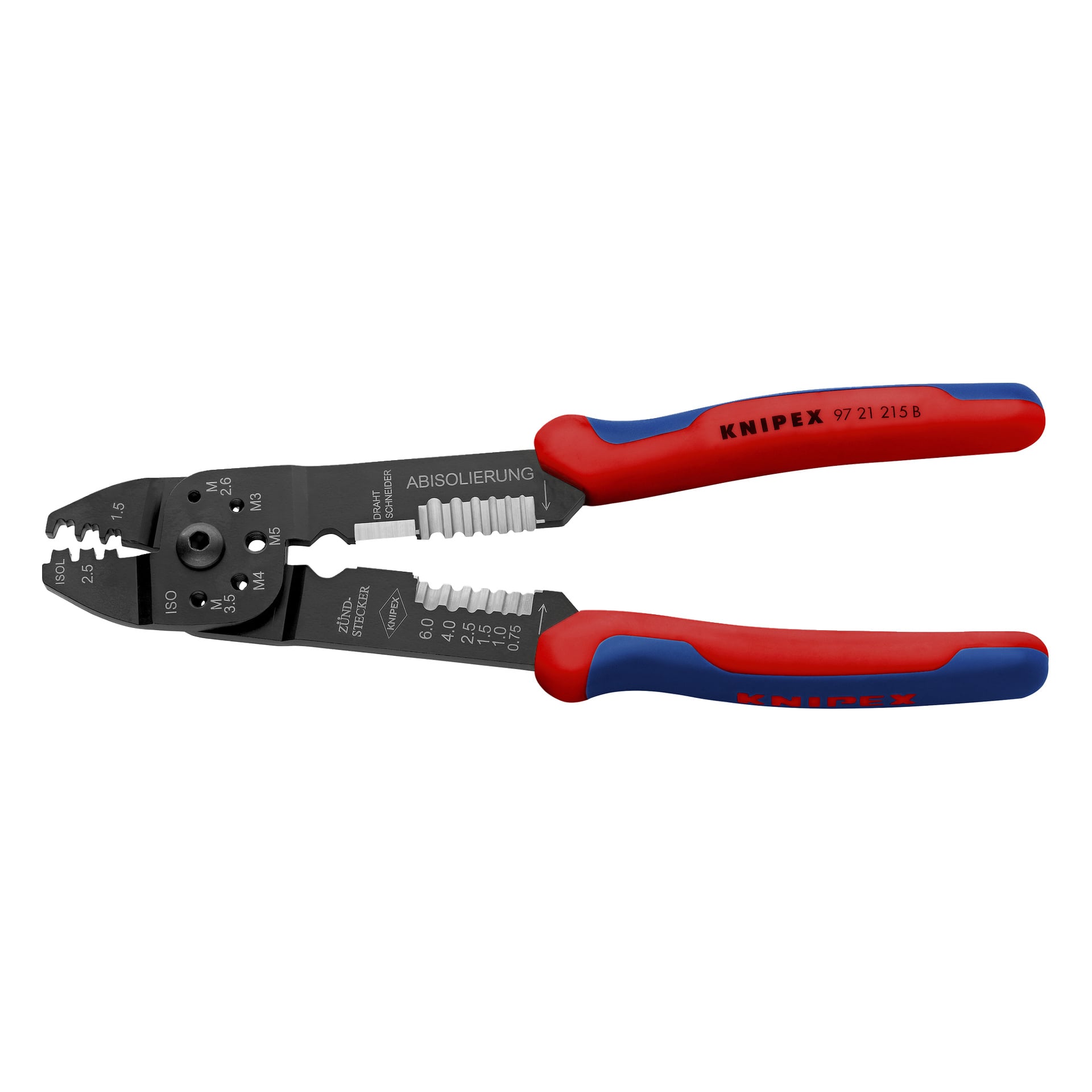 Knipex Kliper do zaciskania 97 21 215 B SB z czerwono-niebieskimi uchwytami, wieloma nacięciami na taśmie drucianej oraz oznaczeniami miarowymi.