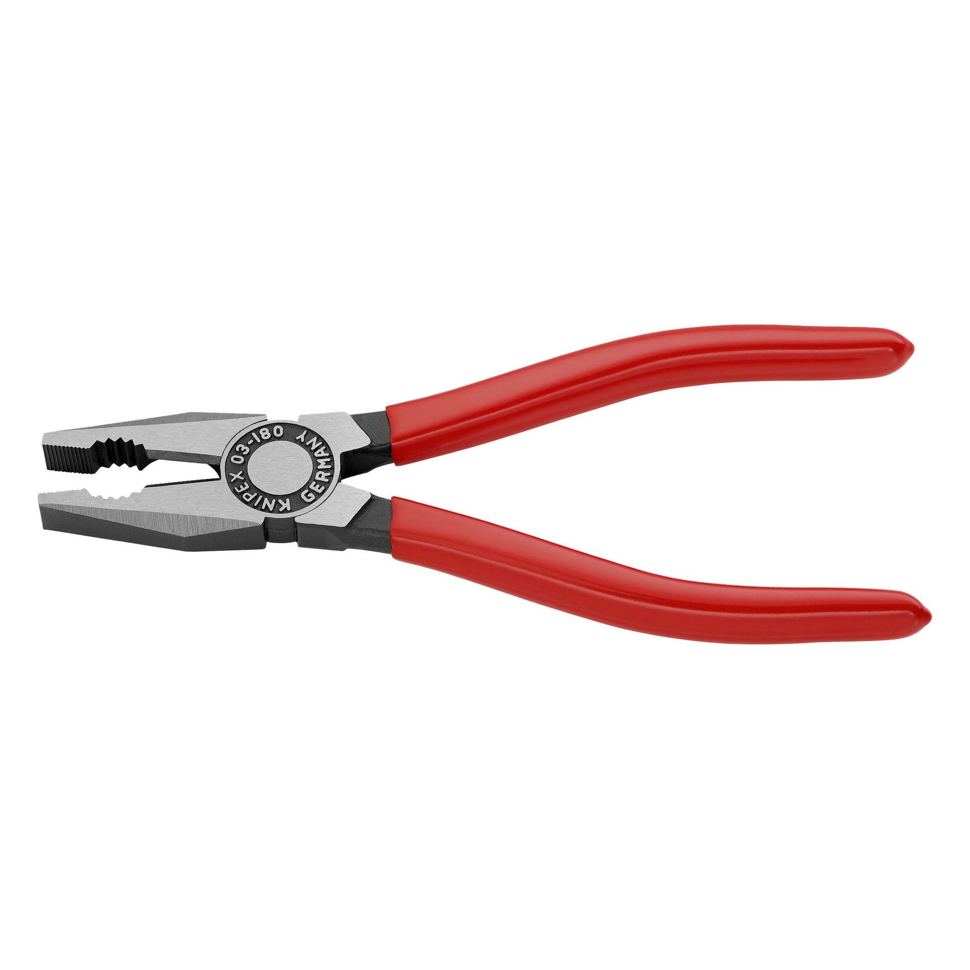 Knipex Combination Piners 03 01 180 SB z czerwonymi uchwytami i stalowymi szczękami, marka i "Germany" wygrawerowane na złączu.