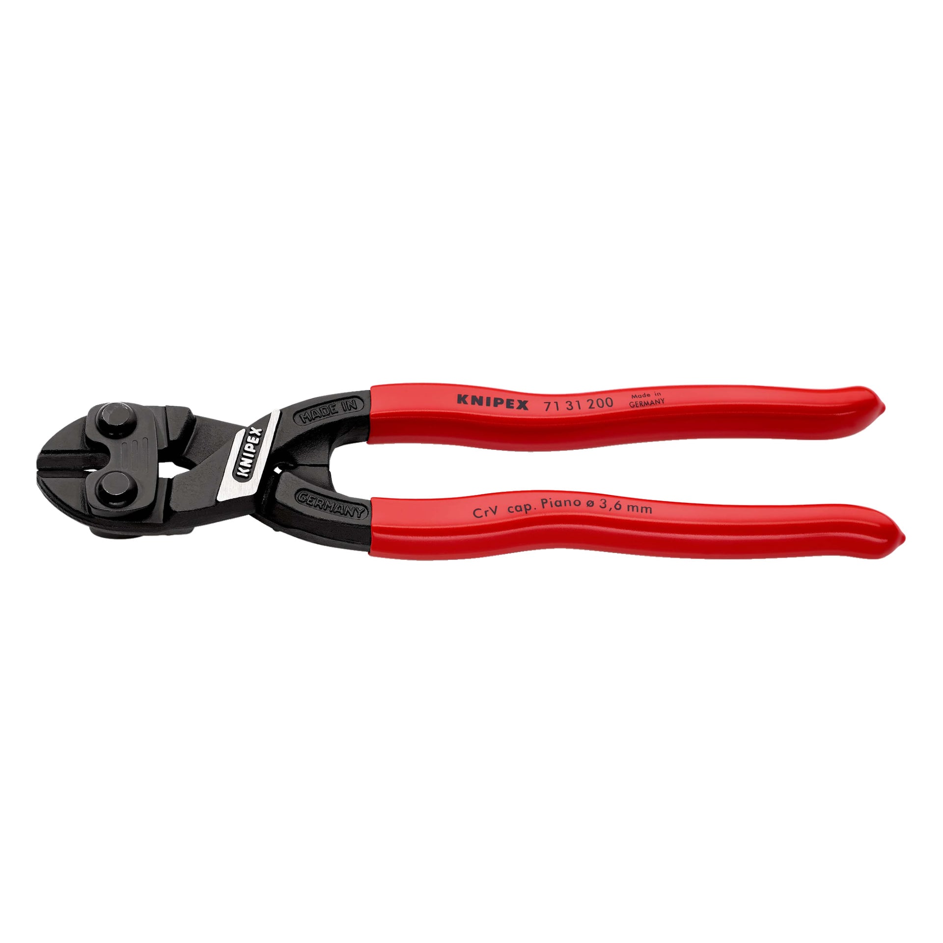 Ett par Knipex bultsaxar med röda handtag och svarta metallbackar, märkta "71 31 200" och "CrV cap. Piano ø 3,6 mm", tillverkade i Tyskland.