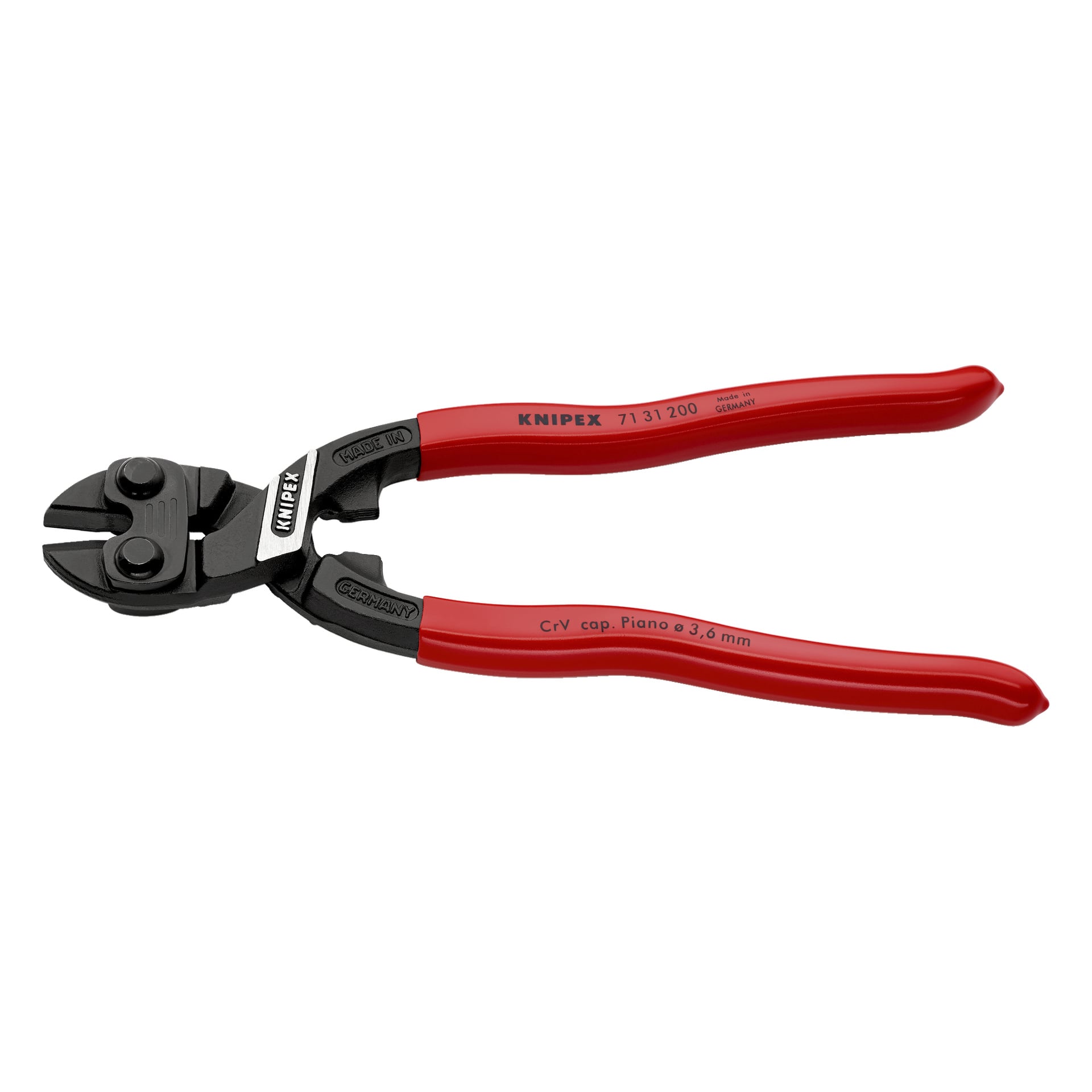 Ett par Knipex bultsaxar med röda handtag och svart skärhuvud i metall, avsedda för kapning av material med en diameter på upp till 3,6 mm. Handtagen är märkta med varumärke och verktygsspecifikationer.