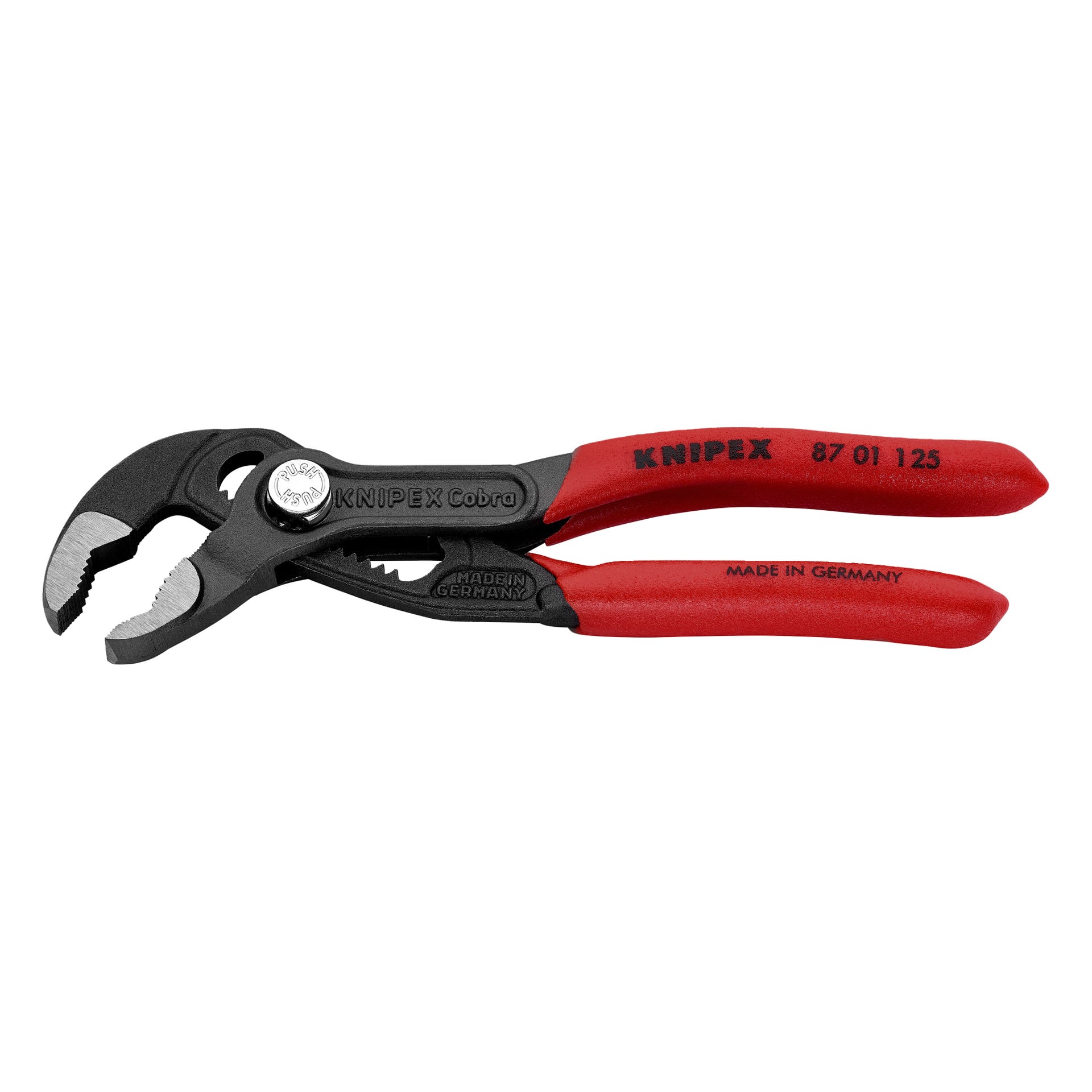Szczypce do pompy wodnej Knipex Cobra z czerwonymi chwytami i czarną szczęką, oznaczone na rączkach "KNIPEX Cobra" i "MADE IN GERMANY".
